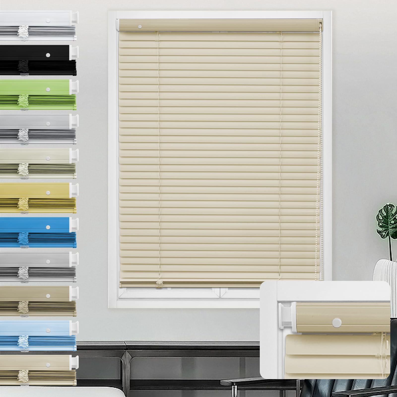 Moonice Aluminum Venetian Blinds No Drill No Tools Window Venetian Blind Color-Matched Horizontal Shade 25mm Slats Waterproof Shades for Office Home Interior Door (Khaki,55cm W x 165cm H)
