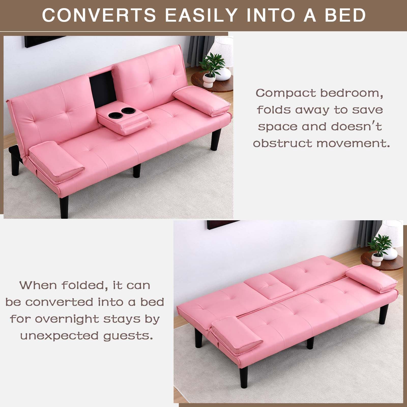 67" Futon Sofa Bed Convertible Sofa Bed with 2 Cup Holders (Pink) | Sleeper Couch PVC Leather Removable Soft Armrest Small Couch for Living Room Apartments