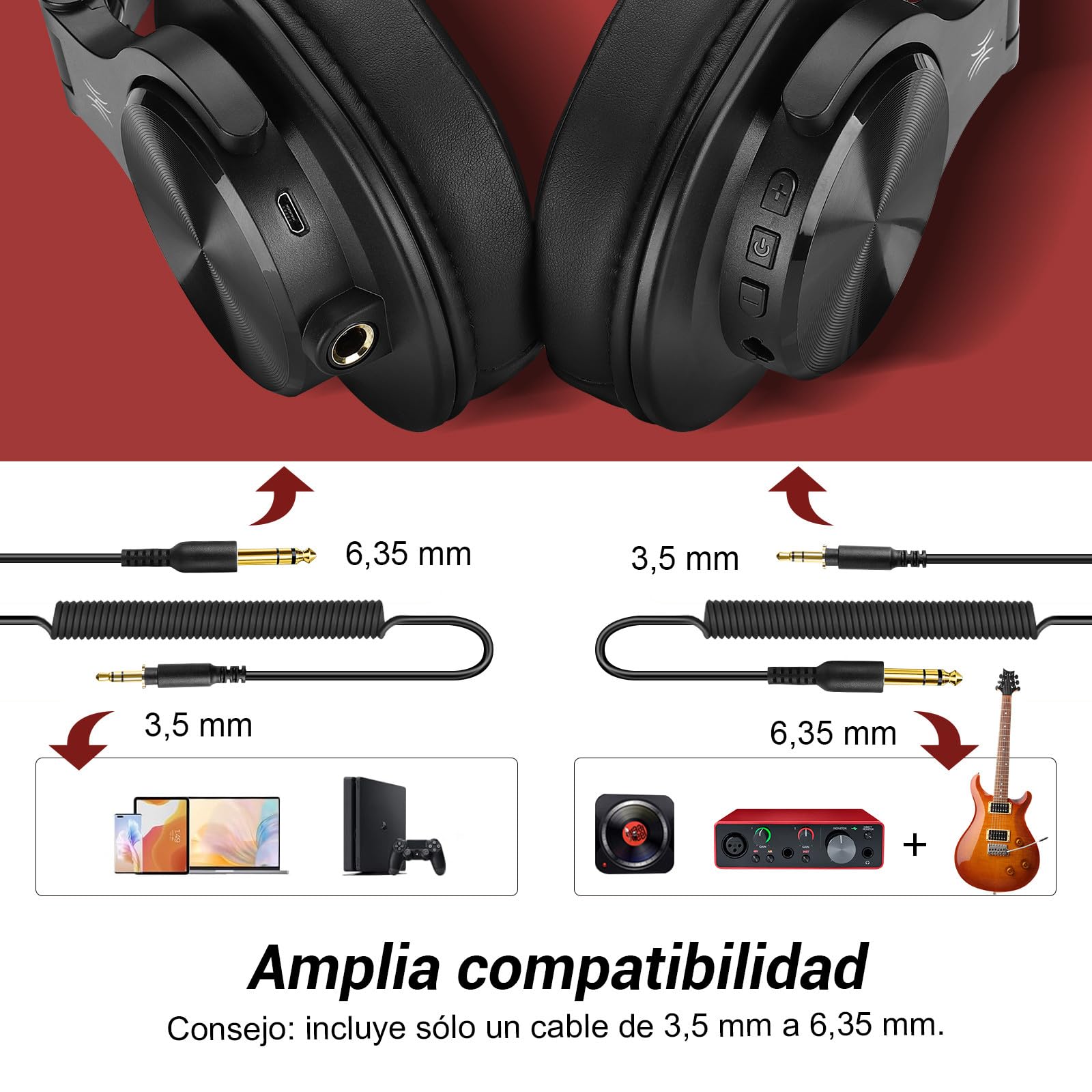 OneOdio A70 Auricurales Bluetooth Inalambricos 72H, Auriculares Diadema Cerrados con Puerto Compartido, Auriculares Cable de 3.5mm para DJ Piano Guitarra Grabación y Monitoreo AMP, Rojo