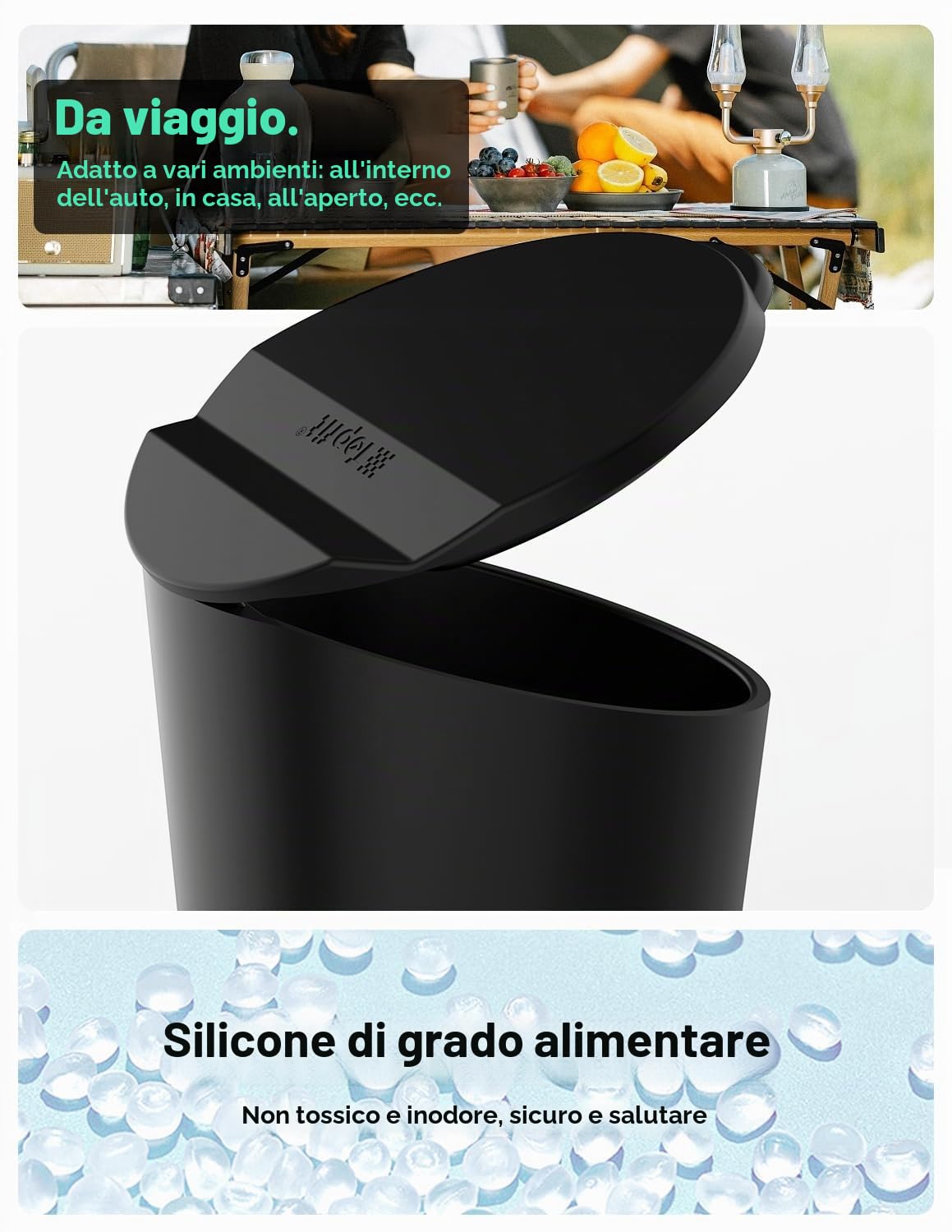BMZX Pattumiera per auto con coperchio, piccolo portabicchieri, tasca per porta, bidone della spazzatura per auto, casa, ufficio, nero, confezione da 1
