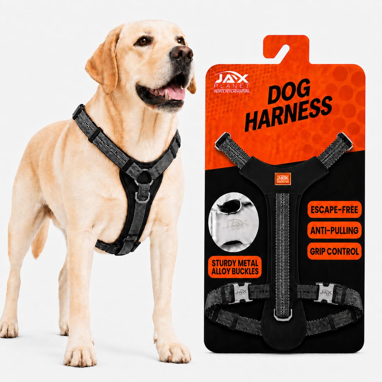 Arnés para perro sin tirones con asa, a prueba de escapes, arnés de neopreno resistente con correa en H acolchada con ribete reflectante, hebillas de metal seguras (negro, L: cuello: 19.7-27.6