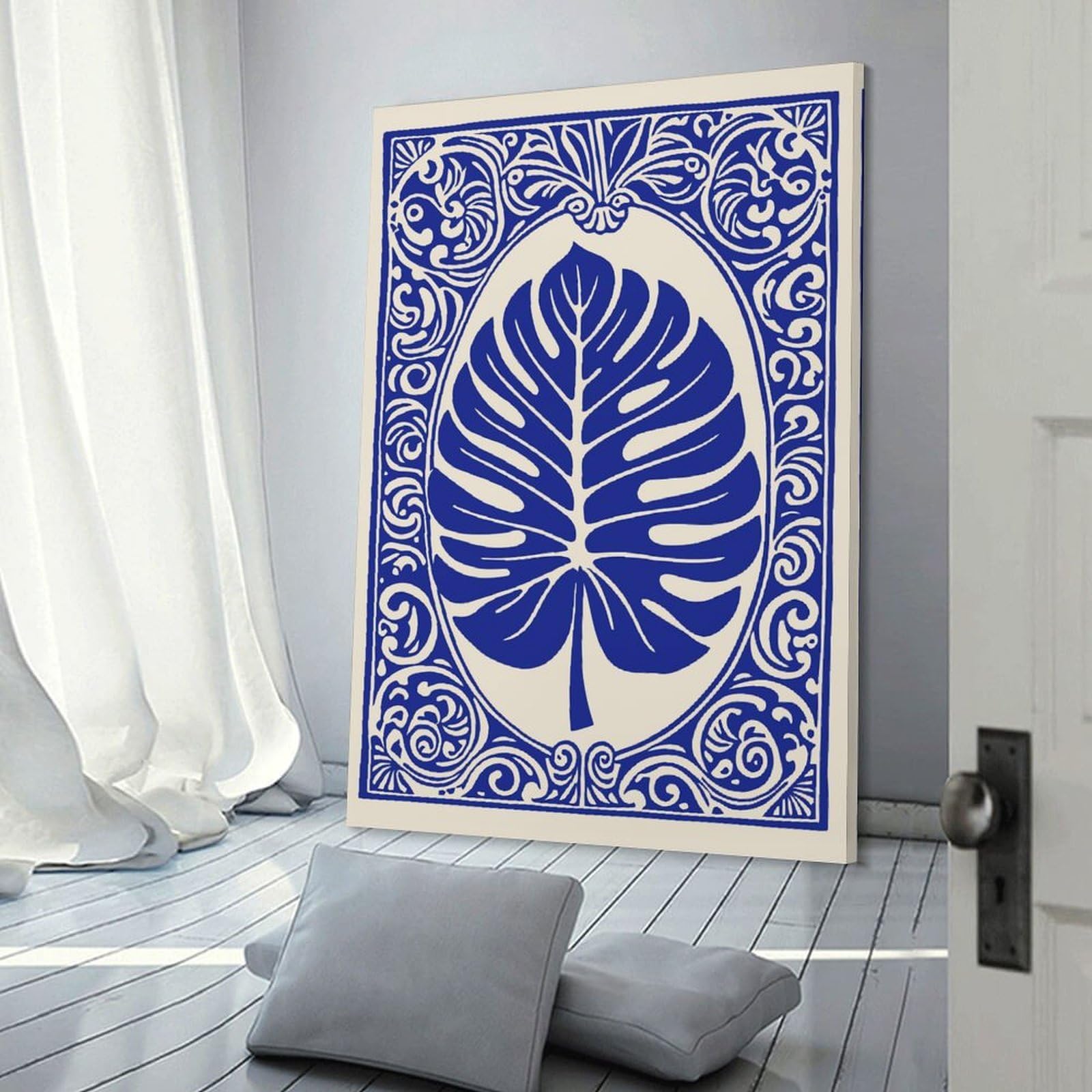 Junmoney Monstera Leaf in Ornate Blue Frame Canvas Wall Decor 24x36inch(60x90cm), for Entrance Walls, Hall Decor Or Foyers, Wall Decor to Refresh Empty Corners