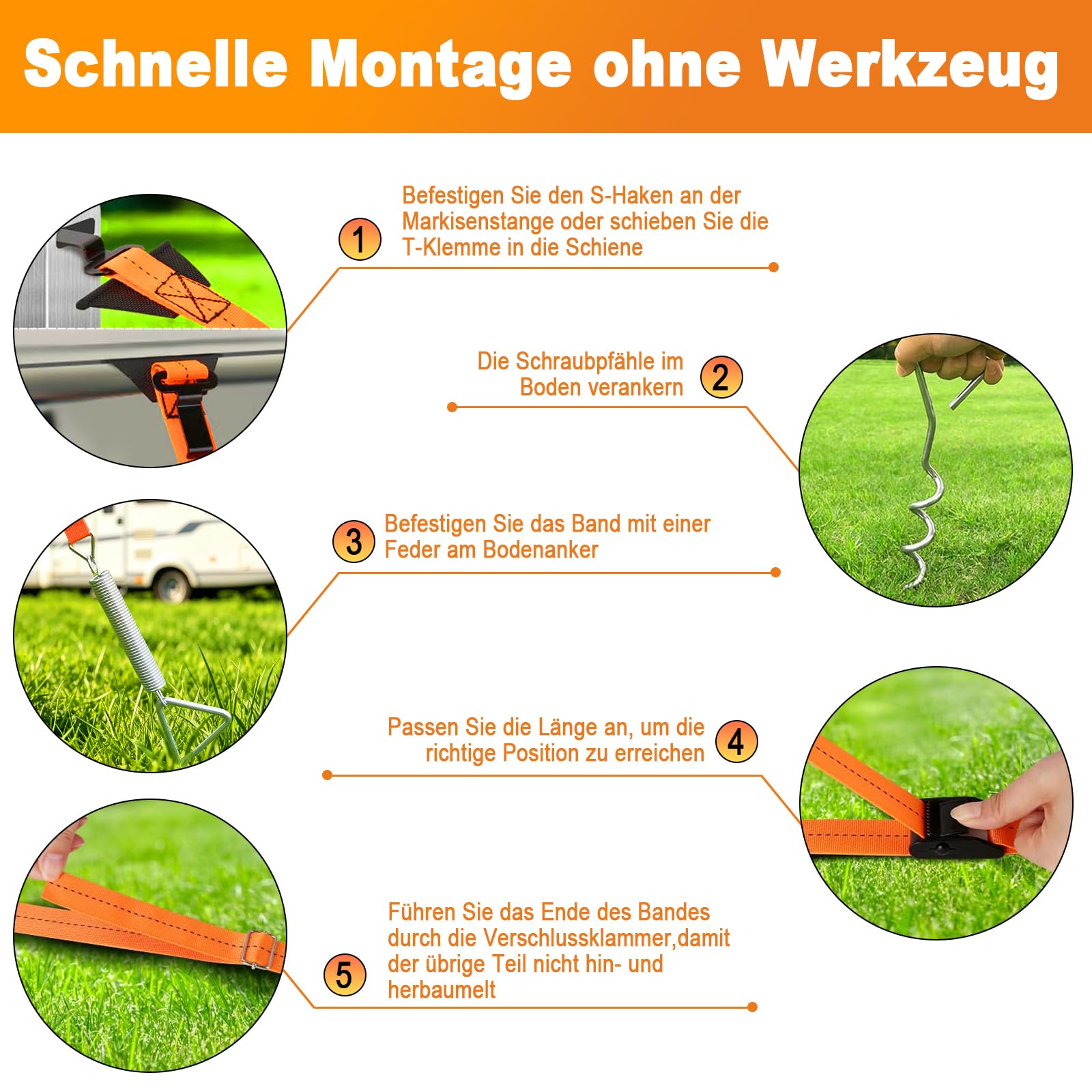 Sangle Anti-Tempête pour Auvents de Camping-Car avec 2 Piquets à Vis, 2 Ressorts et 2 Sangles - Compatible Thule & Fiamma - Accessoire pour Tente, et Accessoires de Camping Car