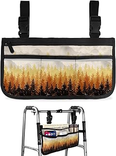 Orange Ombre Forest Wheelchair Side Bag Walker Bag, Autumn Black Silhouette Trees Wheelchair Accessories Armrest Pouch, Organizer Storage Bag for Walkers, Rollators, Scooters, 7.3'x13'