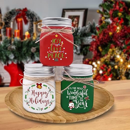 Christmas Mini Mason Jar Farmhouse Happy Holiday Decor Winter Tiered Tray Decor Xmas Snowman Party Rustic Joy Love Peace Table Sign for Home Kitchen Shelf Tray Counter Christmas Gifts 3 PCS