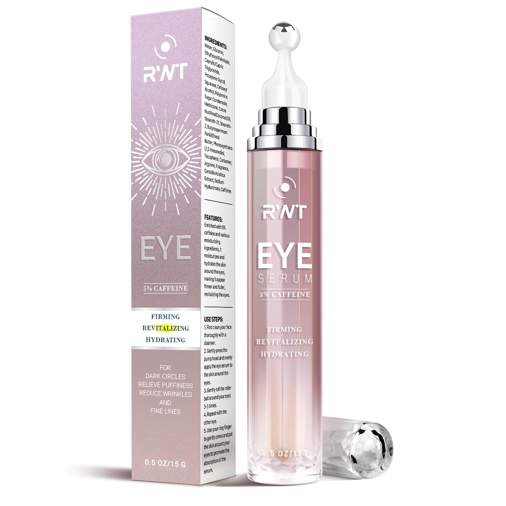 5% Caffeine Eye Cream & Under Eye Serum for Dark Circles and Puffiness, 360° Massage Roller Ball Eyes Treatment Serum, Reduces Wrinkles Fine Lines for