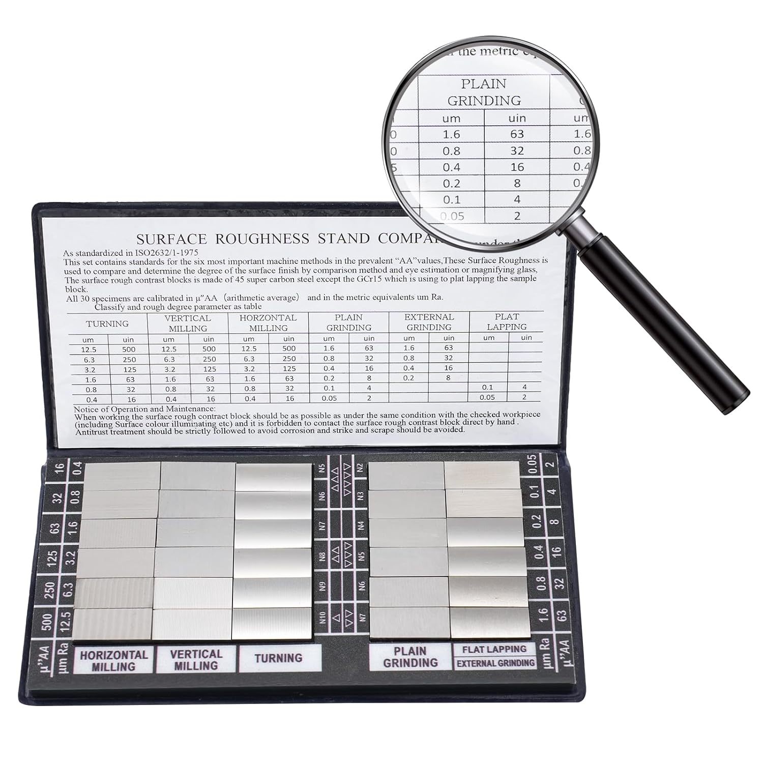 GRAYBEAN 30Pcs Surface Roughness Comparator Set Ra 0.05-12.5μm Carbon Steel Test Blocks for Machining, Lathe, Milling & Grinding