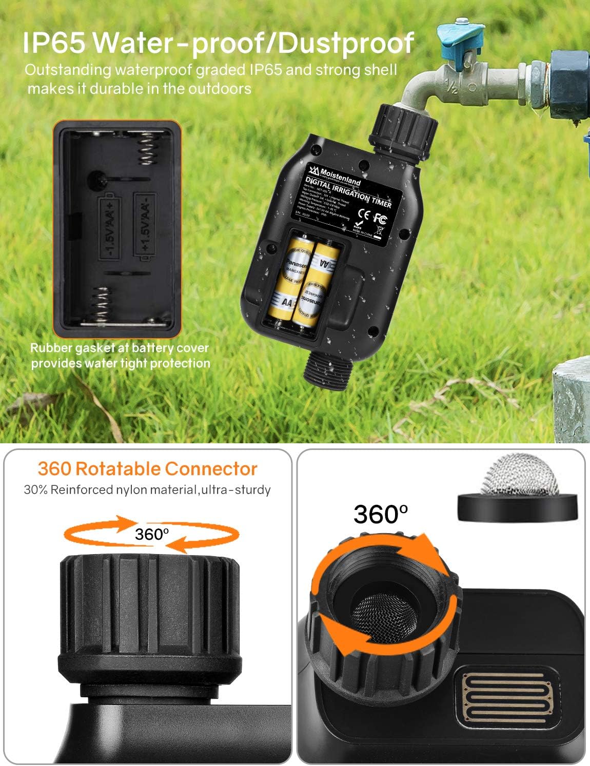 Battery compartment of Moistenland Sprinkler Timer showing battery insertion