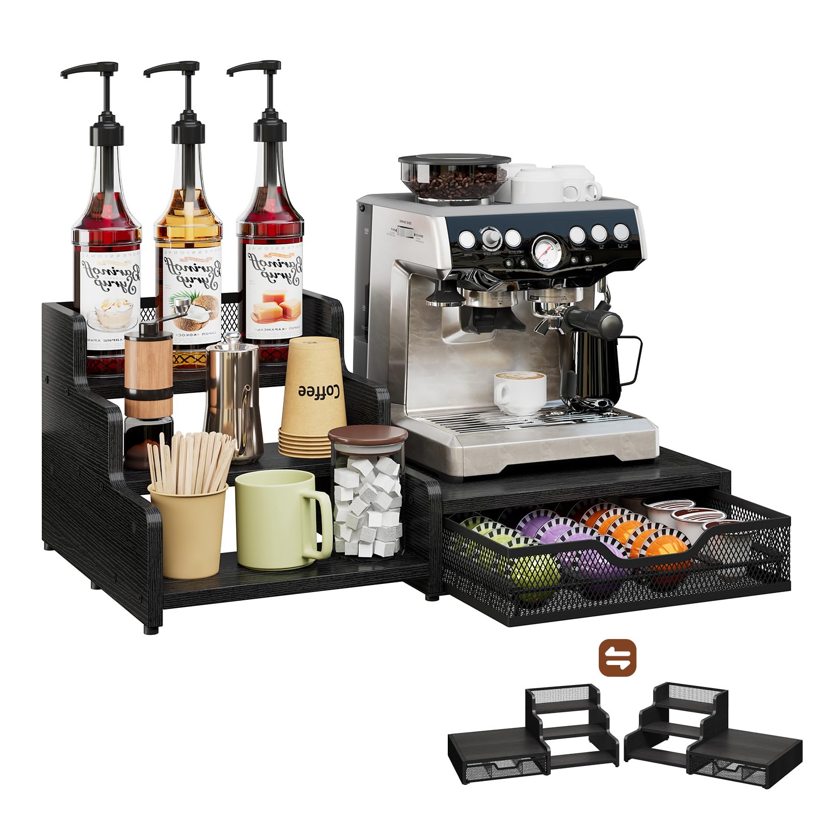 Coffee Station Organizer Compatible with Nespresso Vertuo Pods, Holds 48 Small or 32 Large Pods, 3-Tier Coffee Bar Organizer with K-Cup Holder, Coffee Pod Drawer &amp; Syrup Cups Rack for Accessories
