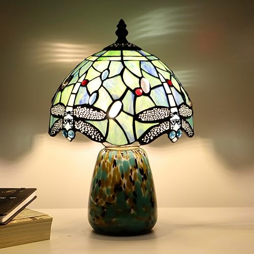 Miniatura 7 de Tiffany - Lámpara de mesa de hongos estilo libélula azul mar Lámpara de acento de vidrieras marrón base de vidrio azul 8 x 8 x 12 pulgadas