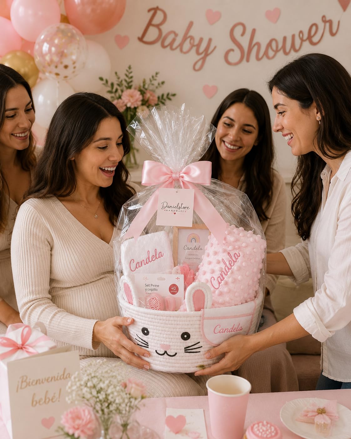 Canastilla Bebé Personalizada con Nombre Bordado | Regalo Recién Nacido | Cesta Bebé Premium con Manta Minky, Toalla, Babero, Muselinas y Accesorios | Danielstore (Rosa)