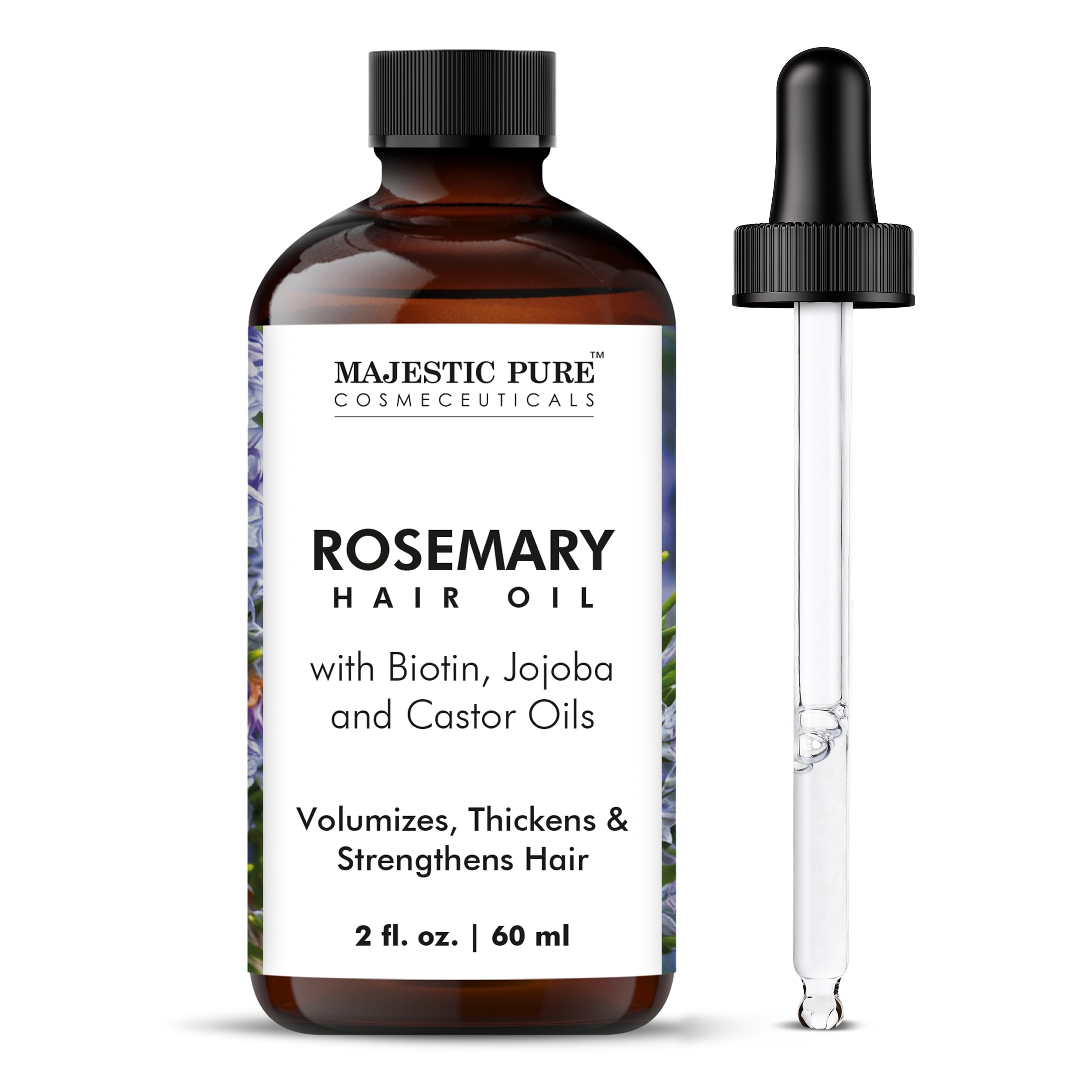 Majestic Pure 100% Pure Rosemary Oil with Biotin for Hair Care, Strengthening, Nourishing, and Volumizing Formula with Jojoba Oil and Castor Oil - Non GMO Verified, 2 Fl Oz