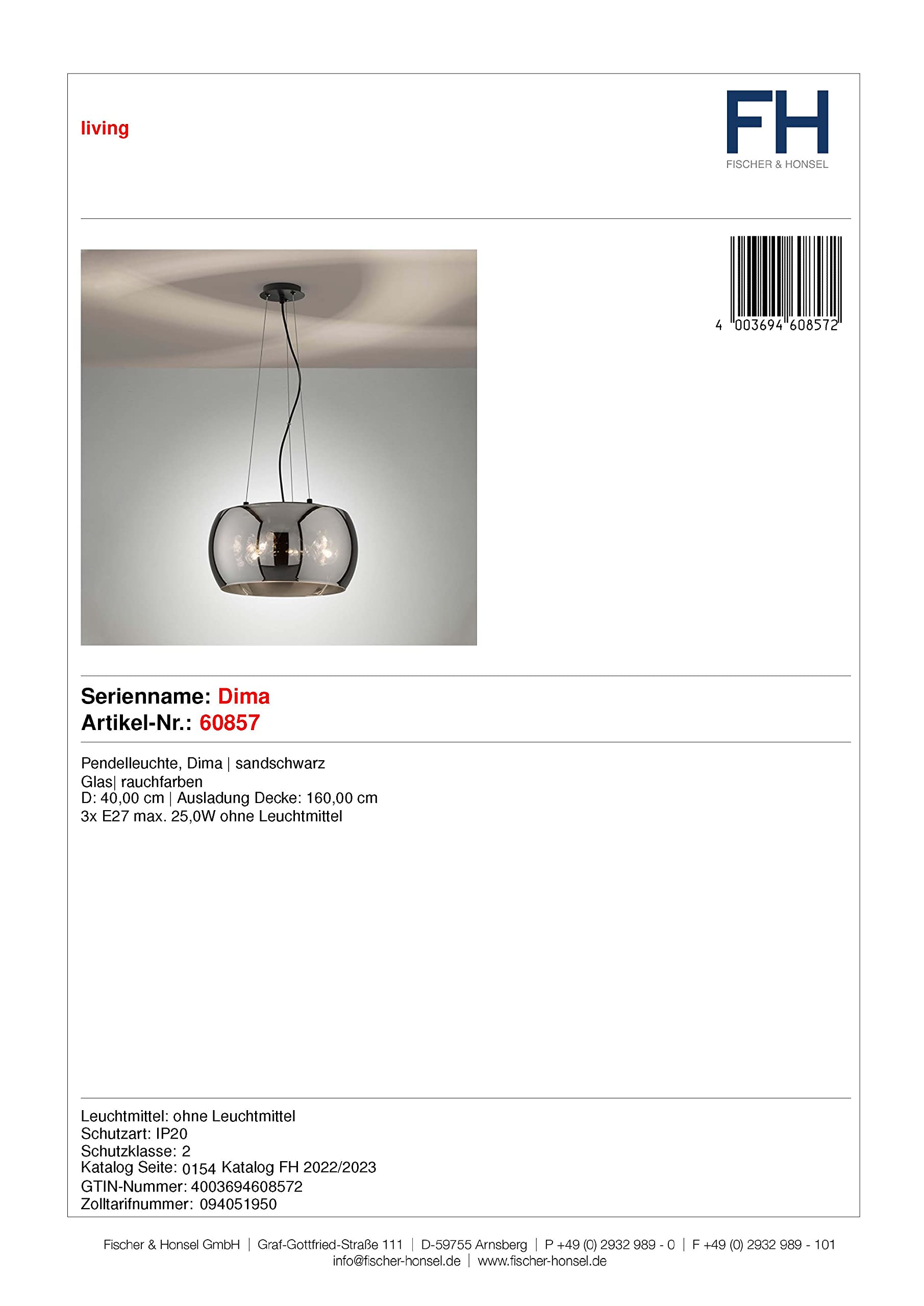 Fischer & Honsel Lampa wisząca, szkło, piaskowa czerń, 40 cm, 60857