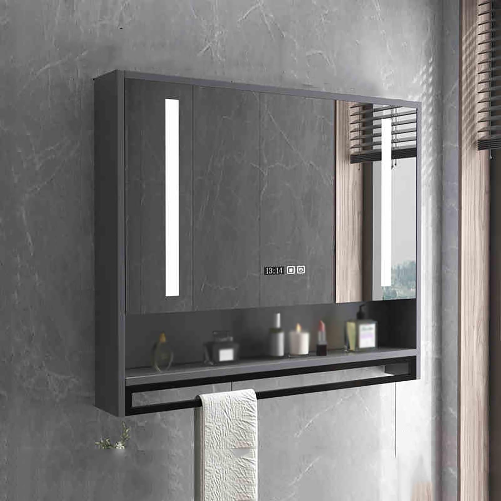 BKSXSOP Stylish Grey Farmhouse Bathroom Mirror Cabinet with Storage - 80cm Vanity Medicine for Chic & Living Room Decor, Functional Home nization Solution