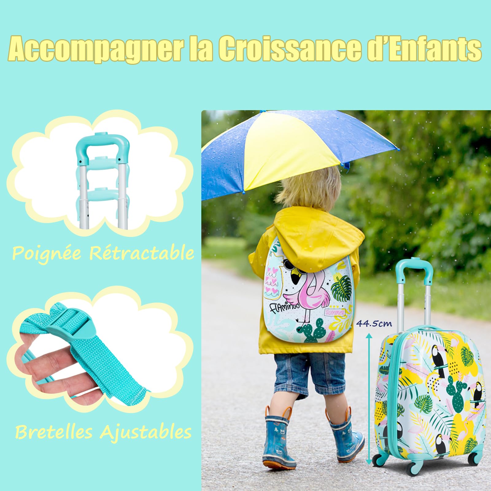 SOARS Valise Enfant, 16" Valise Cabine Enfant + 12" Sac à Dos, Transportable dans l’Avion, Poignée et Sangles Réglables, Matériau Sûr et Durable, Léger de 2,5 KG, Valise Enfant Fille 3-10 Ans