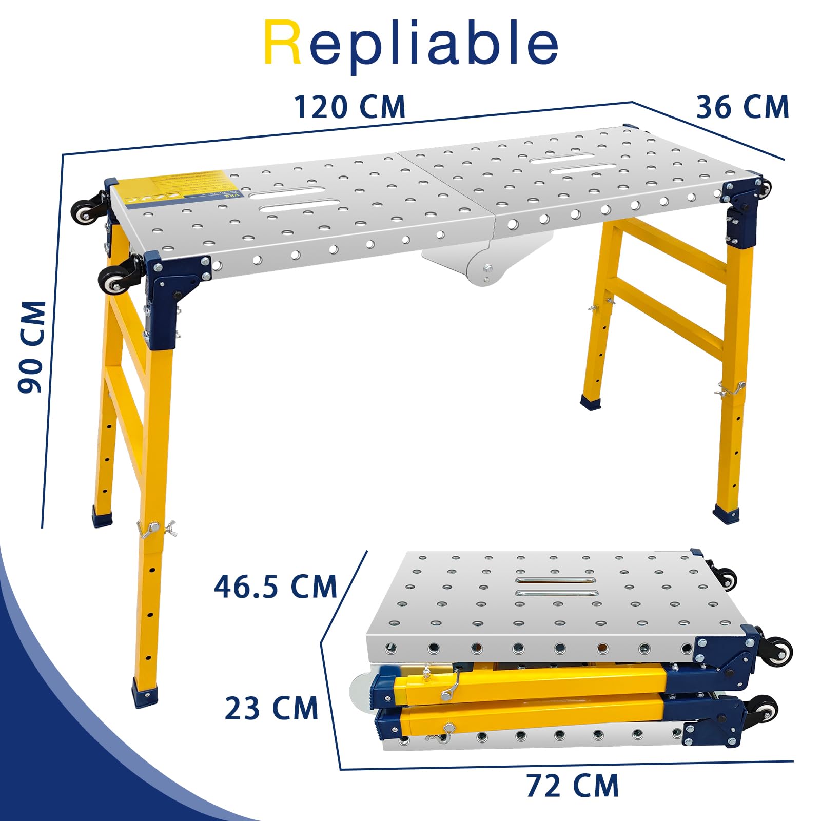 VKE Plateforme de Travail 120 × 36 × 90 CM en Tôle Galvanisée, 500 KG Capacité de Charge, Échafaudage Portable, Table de Soudure Pliant avec 4 roulettes Universelles, Réglable en Hauteur