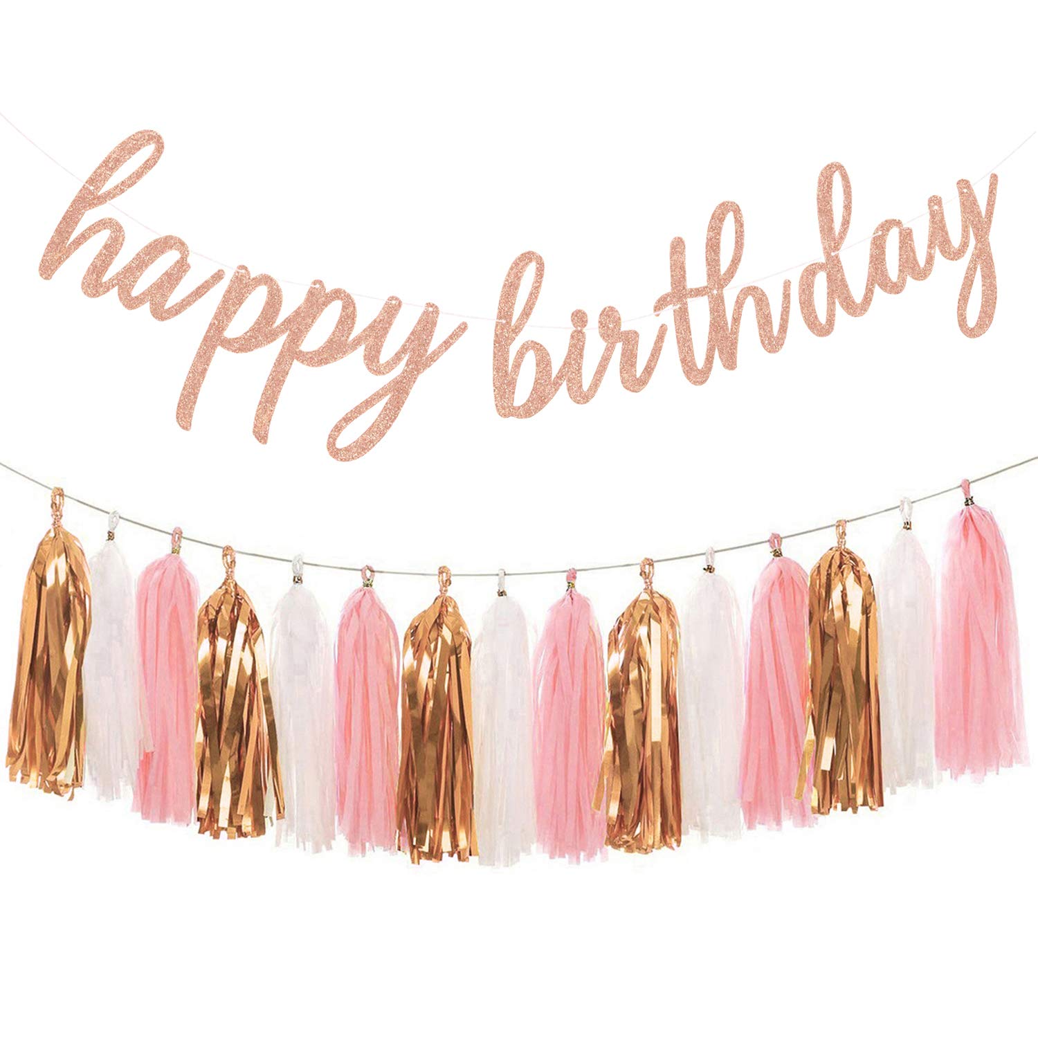 AonorRose Gold Birthday Party Decorations - Glittery Rose Gold Happy Birthday Banner and Tissue Paper Tassels Garland for Birthday Decorations