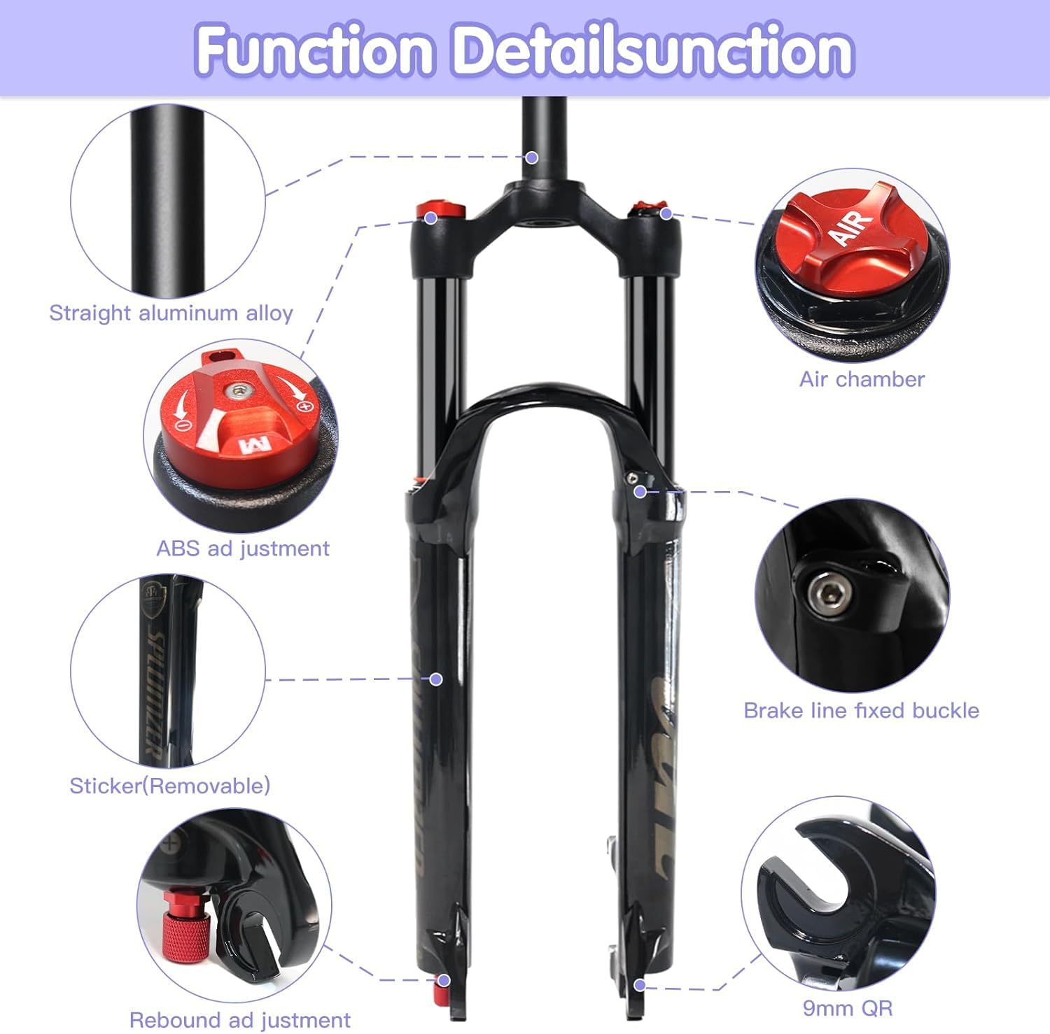 Fourche VTT, fourche à suspension pneumatique pour roues 26/27,5/29 pouces, réglage de la détente, course de 120 mm, axe rapide 9 mm, tube droit 1-1/8, fourche avant VTT ultra-légère pour vélos XC/AM