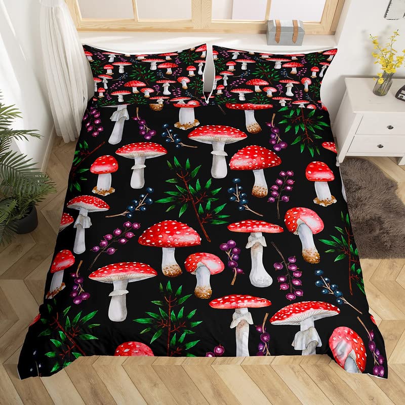 Homemissing Cute Mushroom Duvet Cover Cartoon Mushrooms Bedding Set Kawaii Fungus King Comforter Cover for Boys Girls Children Teens Bedroom Decor Wild Stuff Fruit Bedspread Cover Zipper