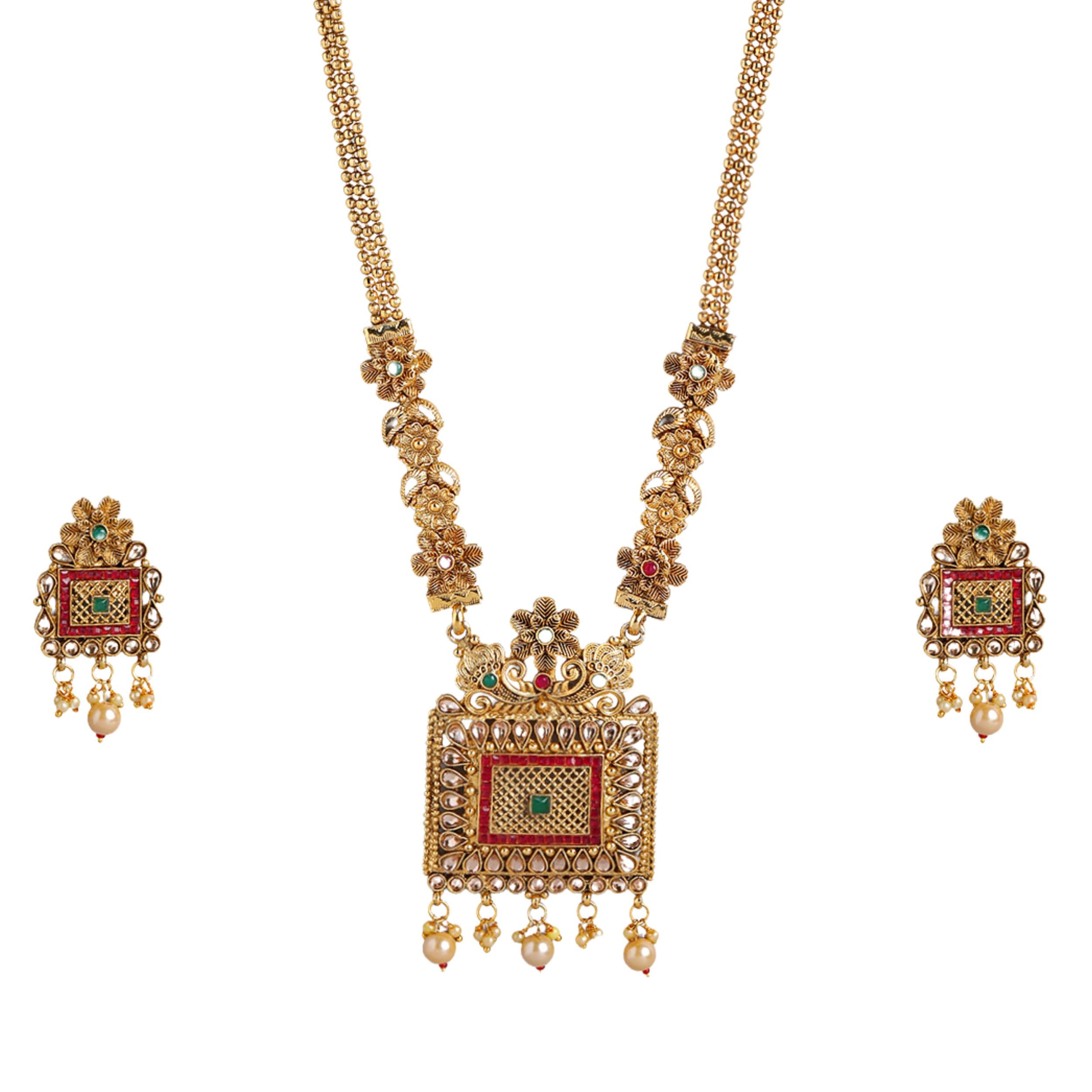 Mansiyaorange Matte Golden Floral Design Kundan Stones Necklace Rani Haar Jewellery Sets For Women