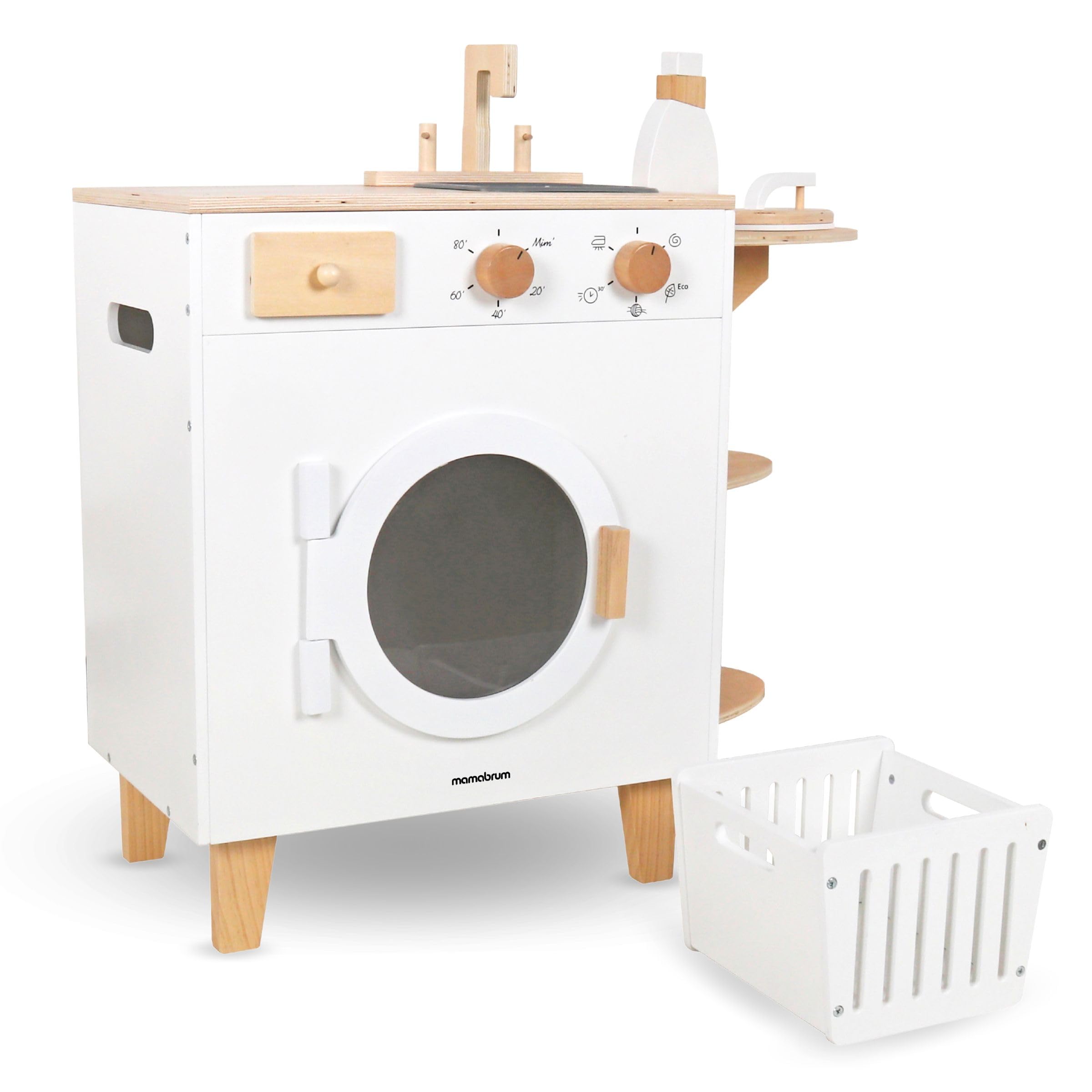 Mamabrum Lavadora Juguete Madera con Tabla Planchar, Cesto y Accesorios - Set Limpieza Juguete para Niños +3 Años - Incluye Escoba y Fregona - 65 x 29,5 x 68 cm