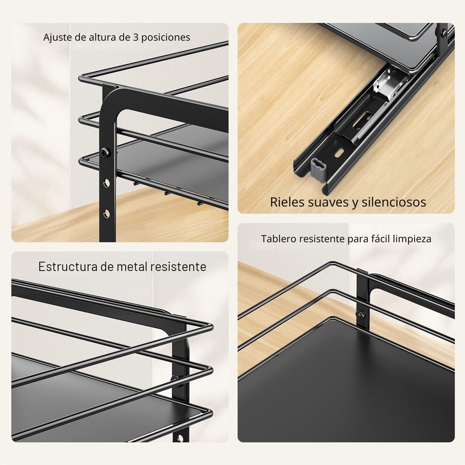 PanPanPal Organizador de Especias para Cocina, 2 Niveles Negro Extraíble y Ajustable en Altura, con Rieles Deslizantes, Diseño de Cajón, Fácil Instalación, Medidas L27.2*B24.5*H26CM