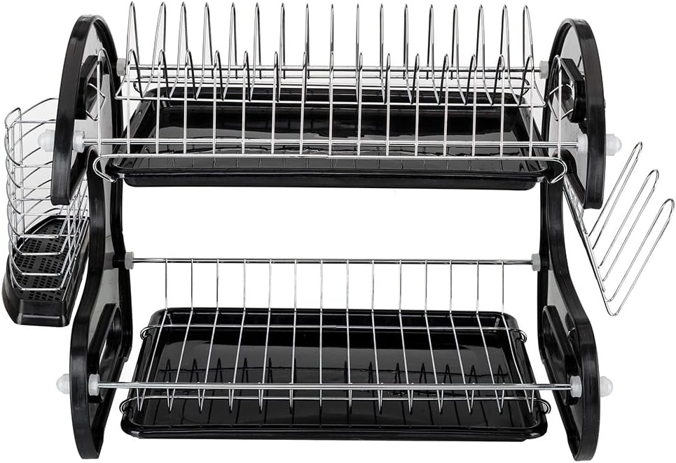Multifunctional Dual Layers Bowls & Dishes & Chopsticks & Spoons Collection Shelf Dish Drainer Dish Rack, Black