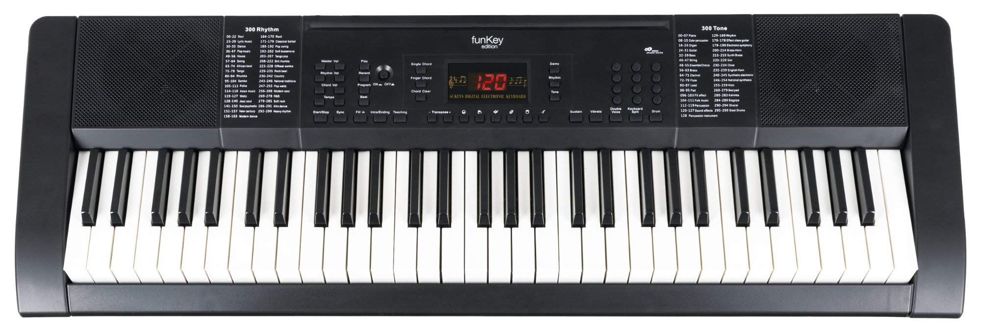 FunKey 61 Edition Nero, 300 suoni, 300 ritmi, 40 brani demo, Metronomo | Sustain, vibrato, double voice, trasposizione, split tastiera, intro/ending, drum, Funzione di registrazione, Uscita cuffie