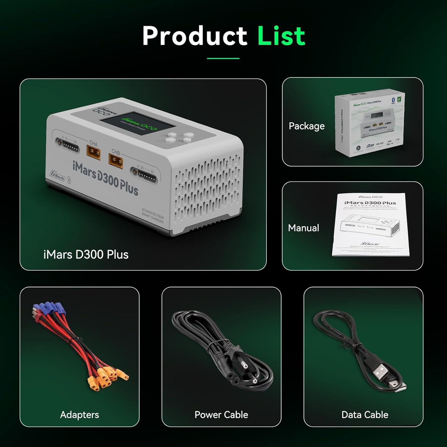 Gens ace iMars D300 Plus charger and accessories laid out