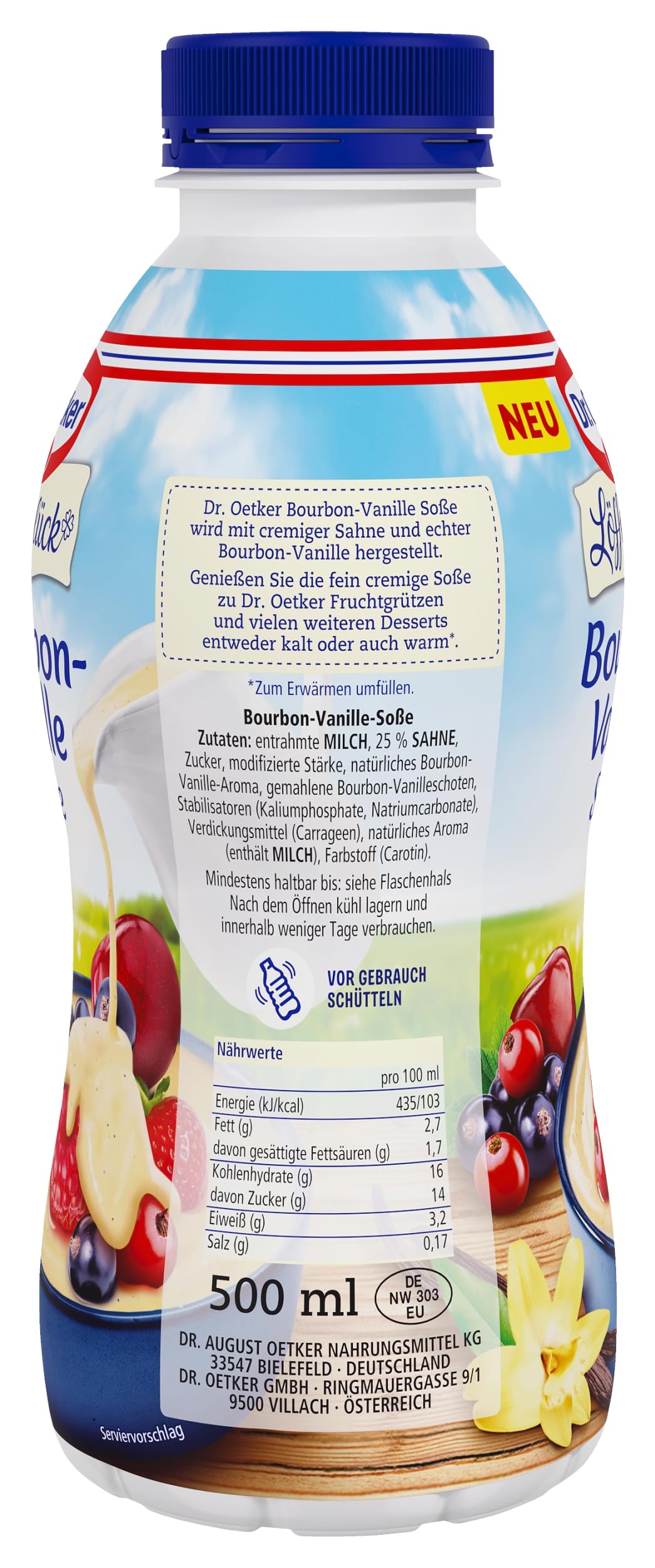 Dr. Oetker Bourbon-Vanille-Soße 500 ml ungekühlt, 10er Pack fertige Vanillesoße in der 500 ml Flasche, cremige Textur und feines Vanillearoma, Vanille-Dessert Soße ohne Kochen ist sofort servierfertig