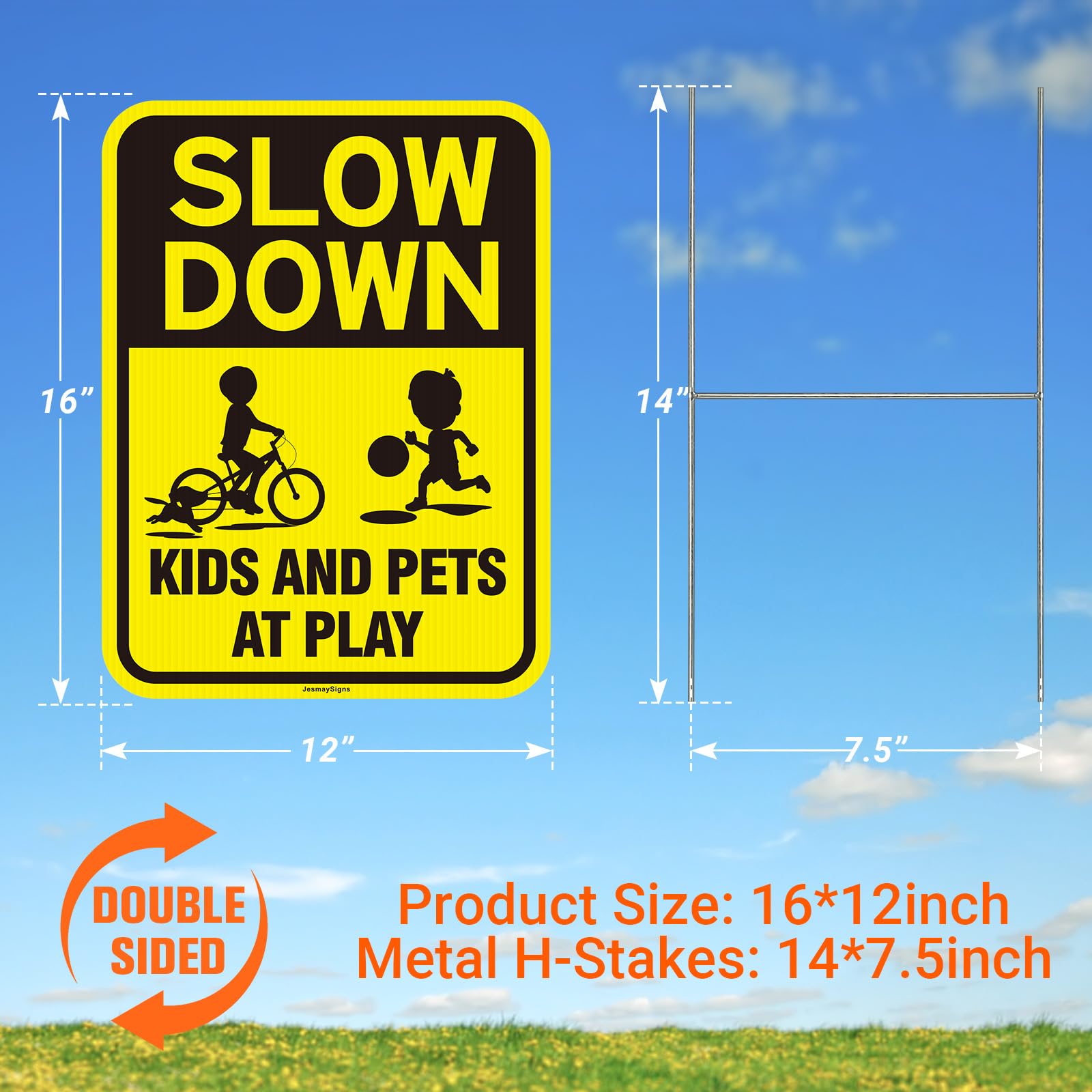 SLOW DOWN 子供とペットの標識 約40cm x 30cm SLOW DOWN 子供と