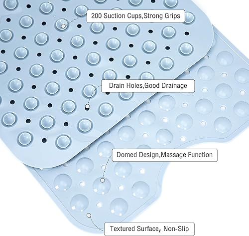 Miniatura 3 de Tapete extra largo antideslizante para bañera de 40 x 16 pulgadas, color azul claro, tamaño matrimonial, tapete de ducha para suelo de baño,