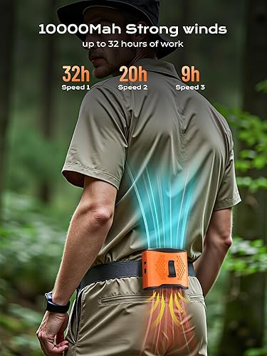 Miniatura 2 de Ventilador de cintura portátil con clip, 4 velocidades, 13000 rpm, fuerte flujo de aire con batería de 10000 mAh y carga móvil, ventilador de camisa