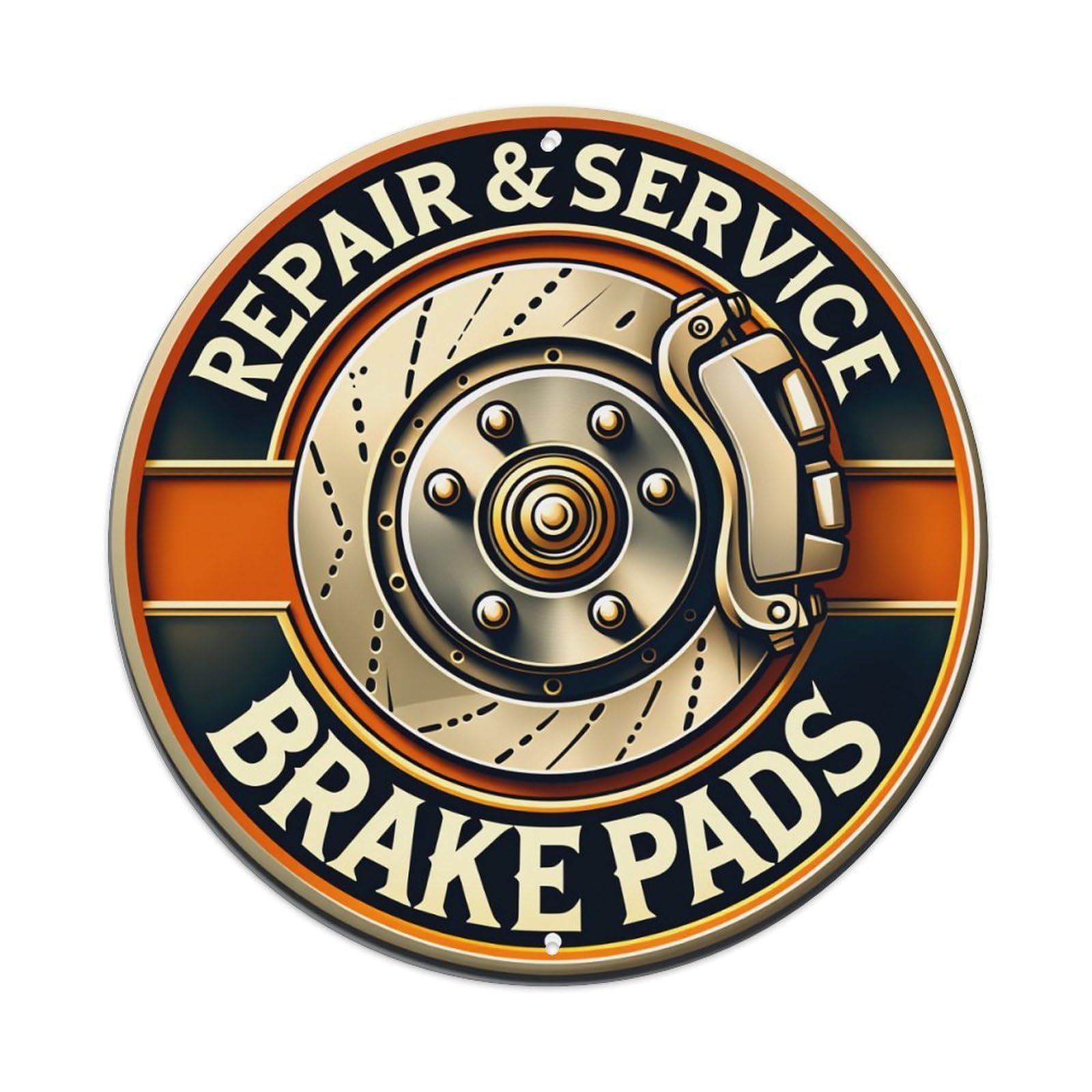 Brake Pad Repair Service Emblem Design Round Vintage Tin Sign,Retro Wall Art,Metal Poster for Home, Bar, Garage, Cafe, Rustic Indoor & Outdoor Decor, 8x8 Inches