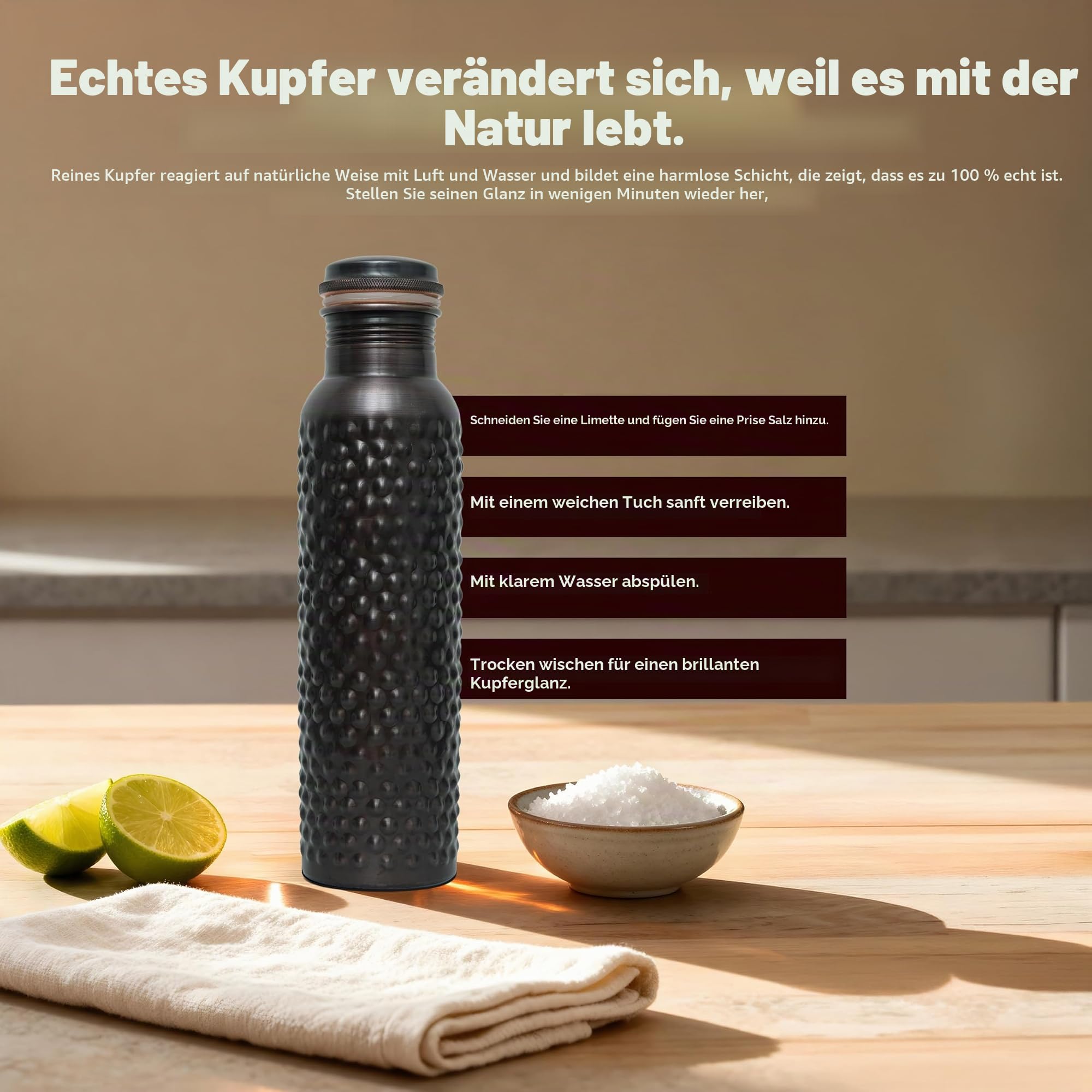 Kupferflasche mit ayurvedischen Vorteilen, Wasserflasche mit Tragetasche zum Trinken, auslaufsicherer Deckel, großes handgefertigtes Kupfergefäß für Reisen, Fitnessstudio, Büro, Wandern, Outdoor,