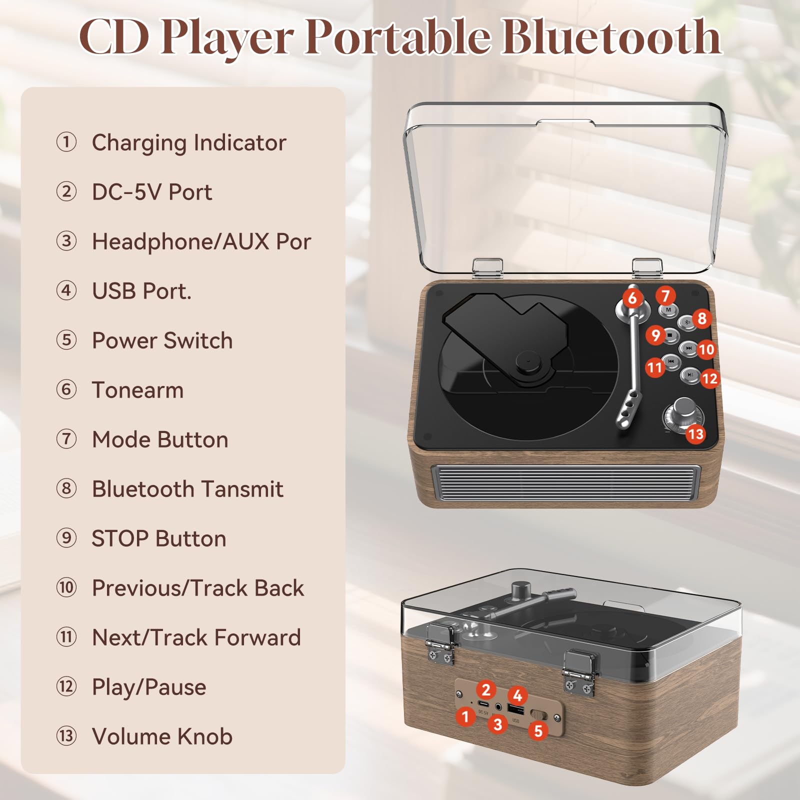 Gueray Lecteur CD Portable Bluetooth, Lecteur CD Rétro avec Haut-parleurs Batterie 3600 mAh Radio Télécommande, supporte la Lecture USB/AUX, Prise Casque, Chêne