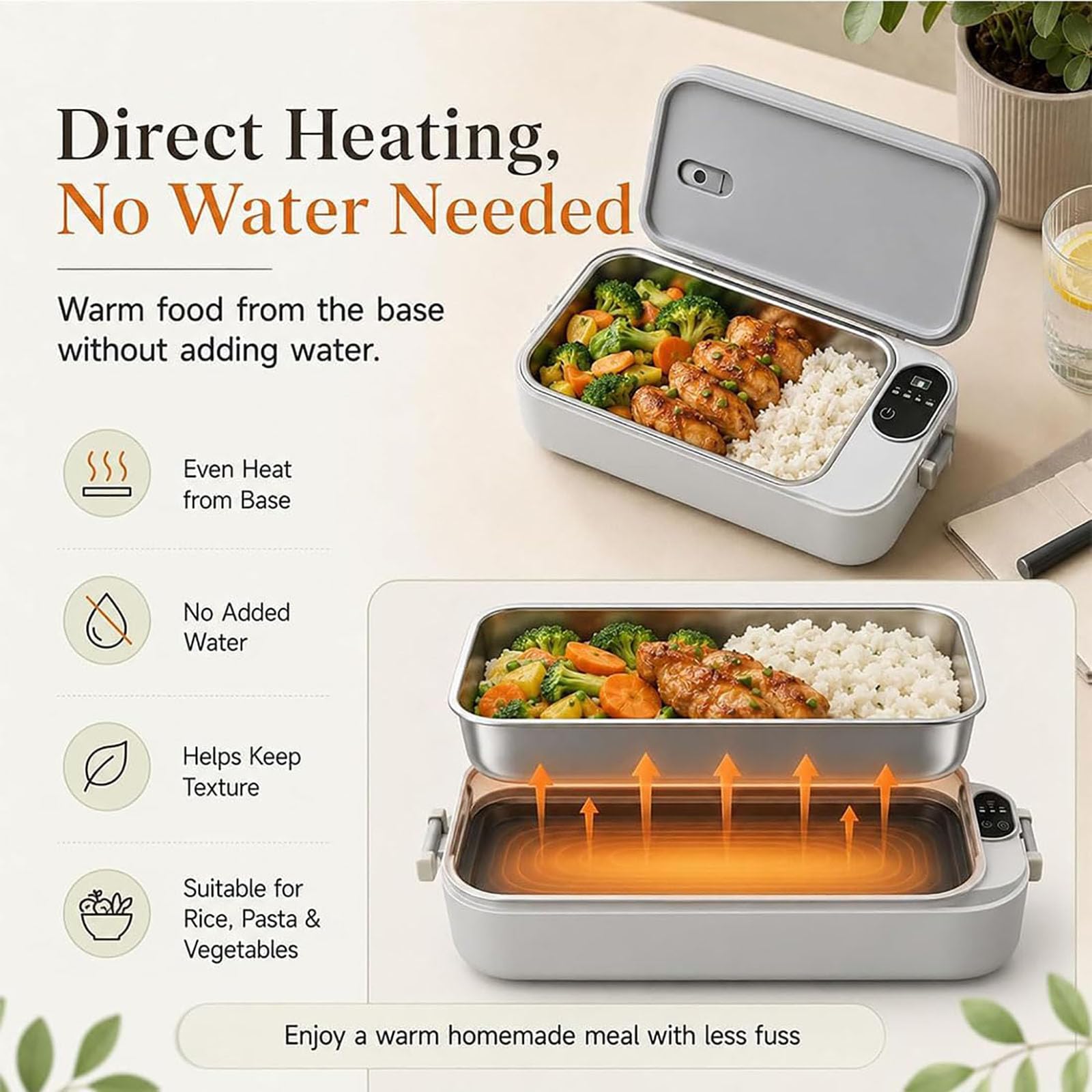 Fiambrera eléctrica portátil con autocalentamiento, calentador de alimentos inalámbrico recargable de 900 ml con pantalla de temperatura, a prueba de fugas para trabajo, viajes, camping (Gray)