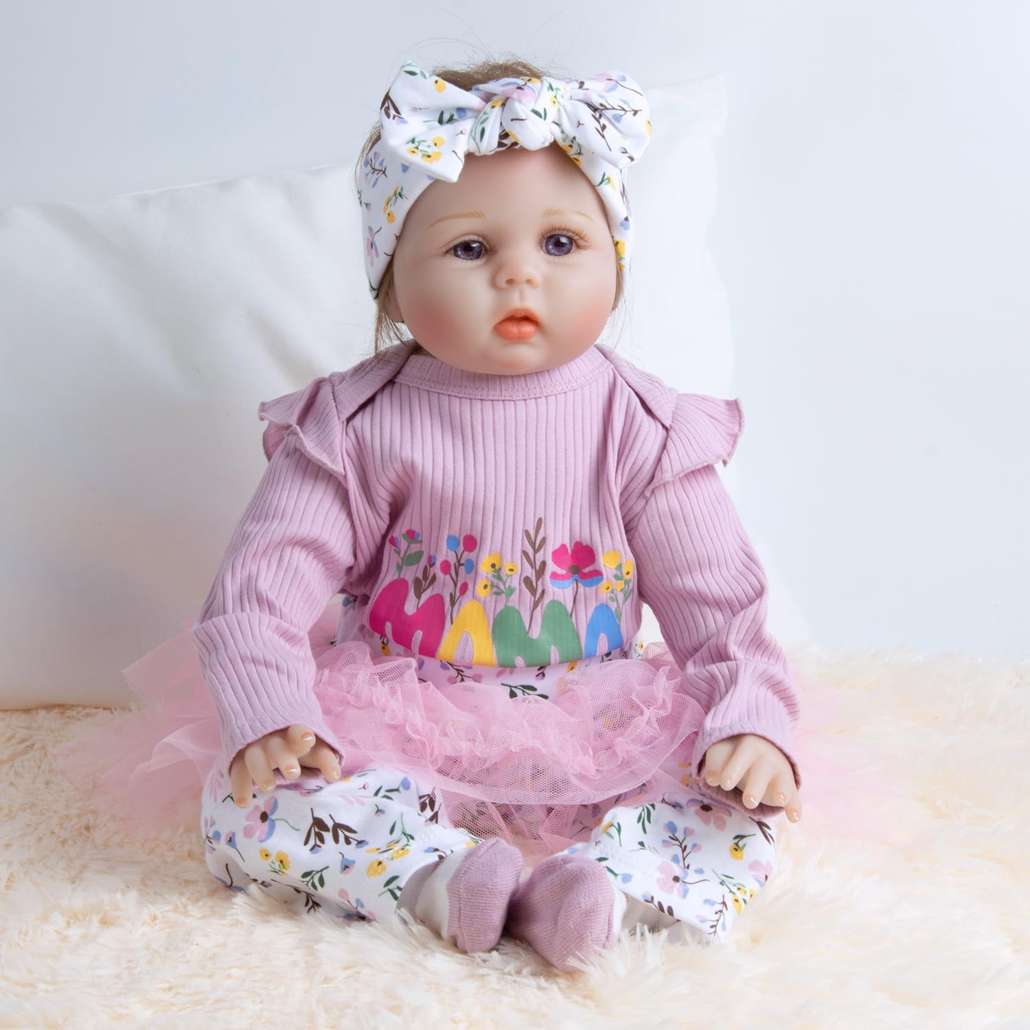 Reborn Doll Clothes 22 Inch Girl Pink Flower for 20-22 Inch Baby Doll Clothes +Headband +Lace-Ed Pants 4 Pieces Set