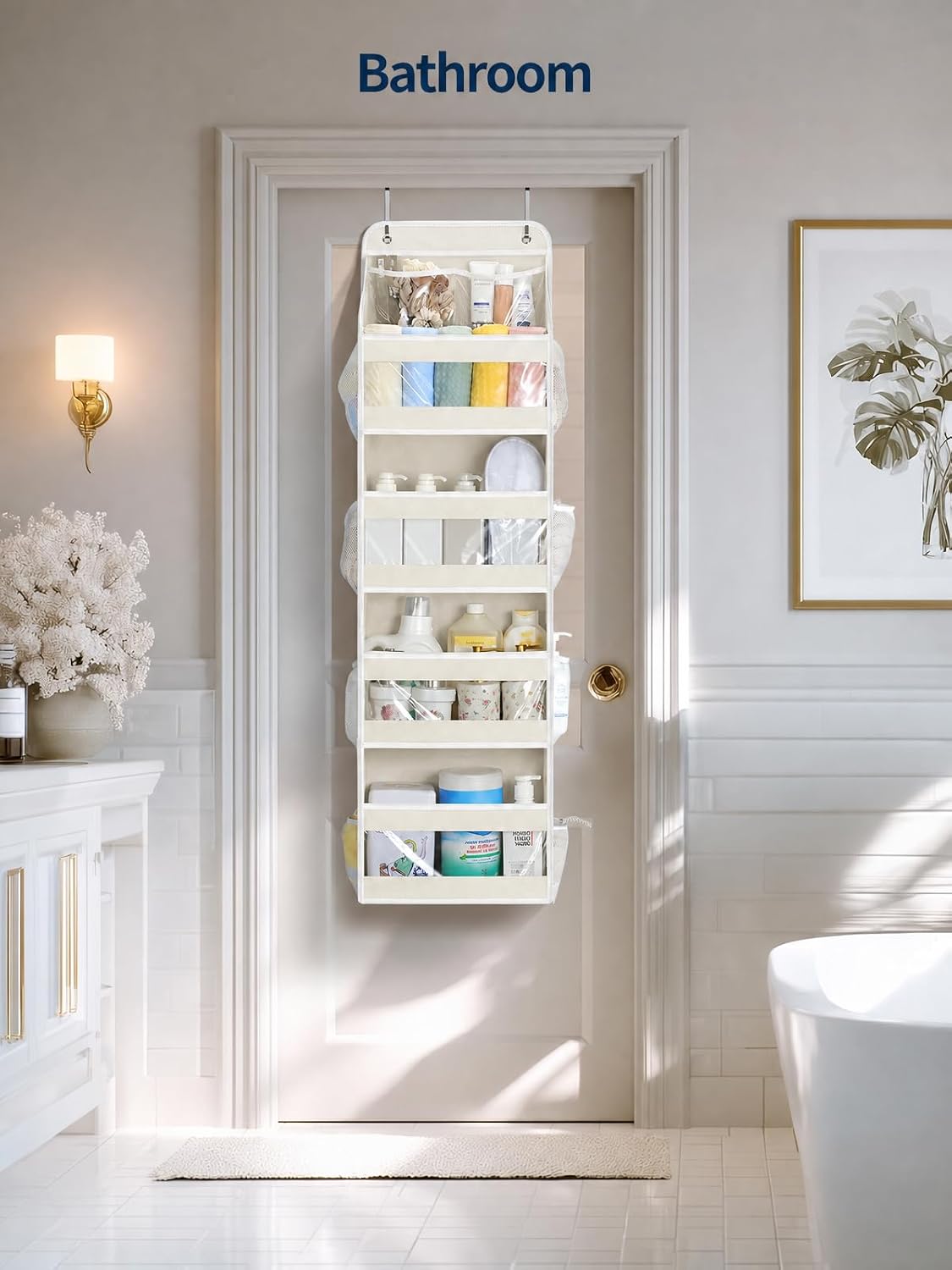  5 Tier Over the Door Organizer, Swing-proof Door Organizer Hanging with Clear PVC Windows, Behind the Door Storage for Bedroom Nursery Closet Laundry Pantry Bathroom, Cream White thumbnail