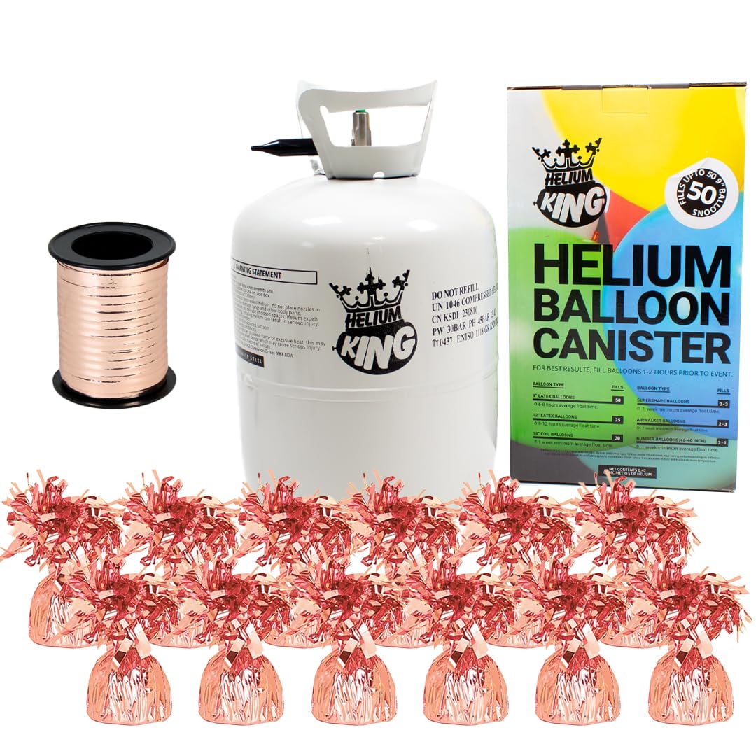 Large Helium Canister with Curling Ribbon and 12 Rose Gold Foil Balloon Weights