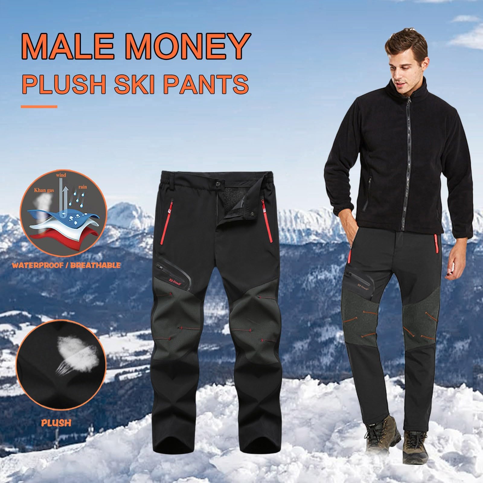 Pantalones de esquí impermeables para hombre, con forro polar, acolchados gruesos, bolsillos con cremallera, para senderismo y esquí, al aire libre, pantalones de snowboard acolchados gruesos