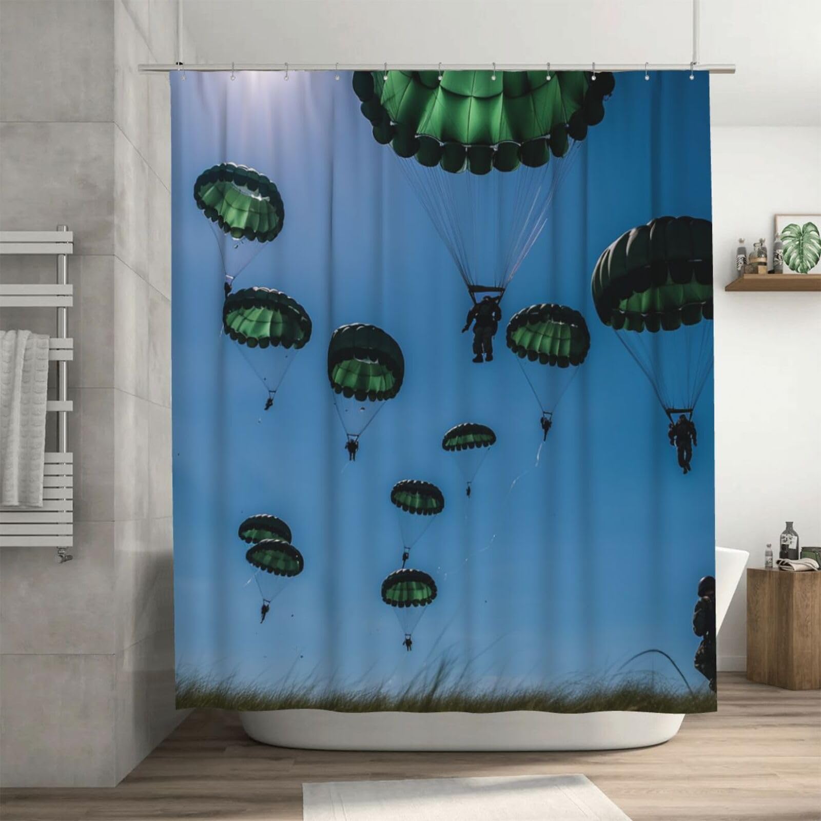 Rideau de douche imperméable vert parachute 182x182 cm pour salle de bain avec crochets
