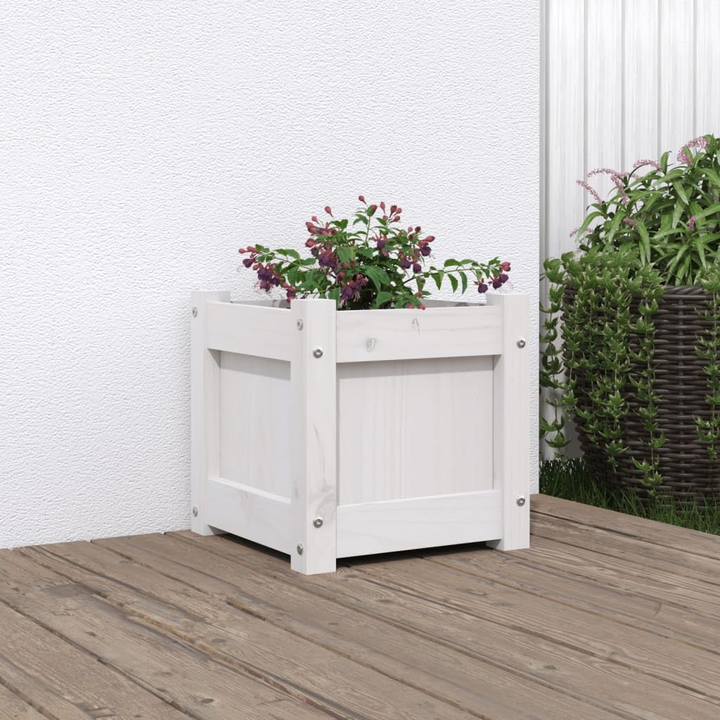 Weißer Pflanzkübel aus massivem Kiefernholz 31 x 31 x 31 cm für Balkon, Terrasse, Garten, Fensterbank, innen und außen, für Blumen, Kräuter und Gemüse