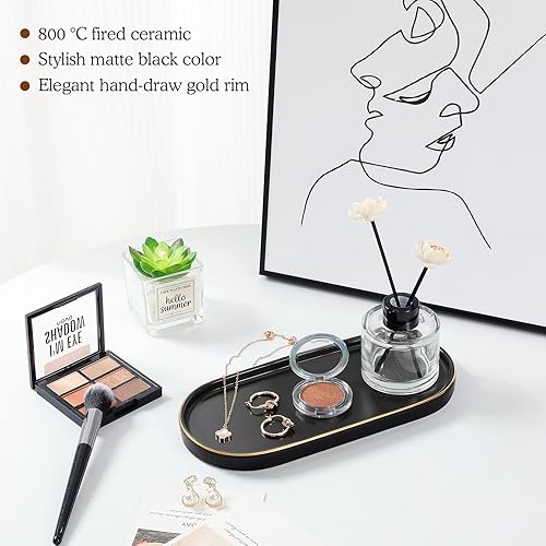 Miniatura 2 de Luxspire Bandeja de tocador de baño, plato de cerámica para joyas con borde dorado, bandeja decorativa para encimera, fregadero, organizador de