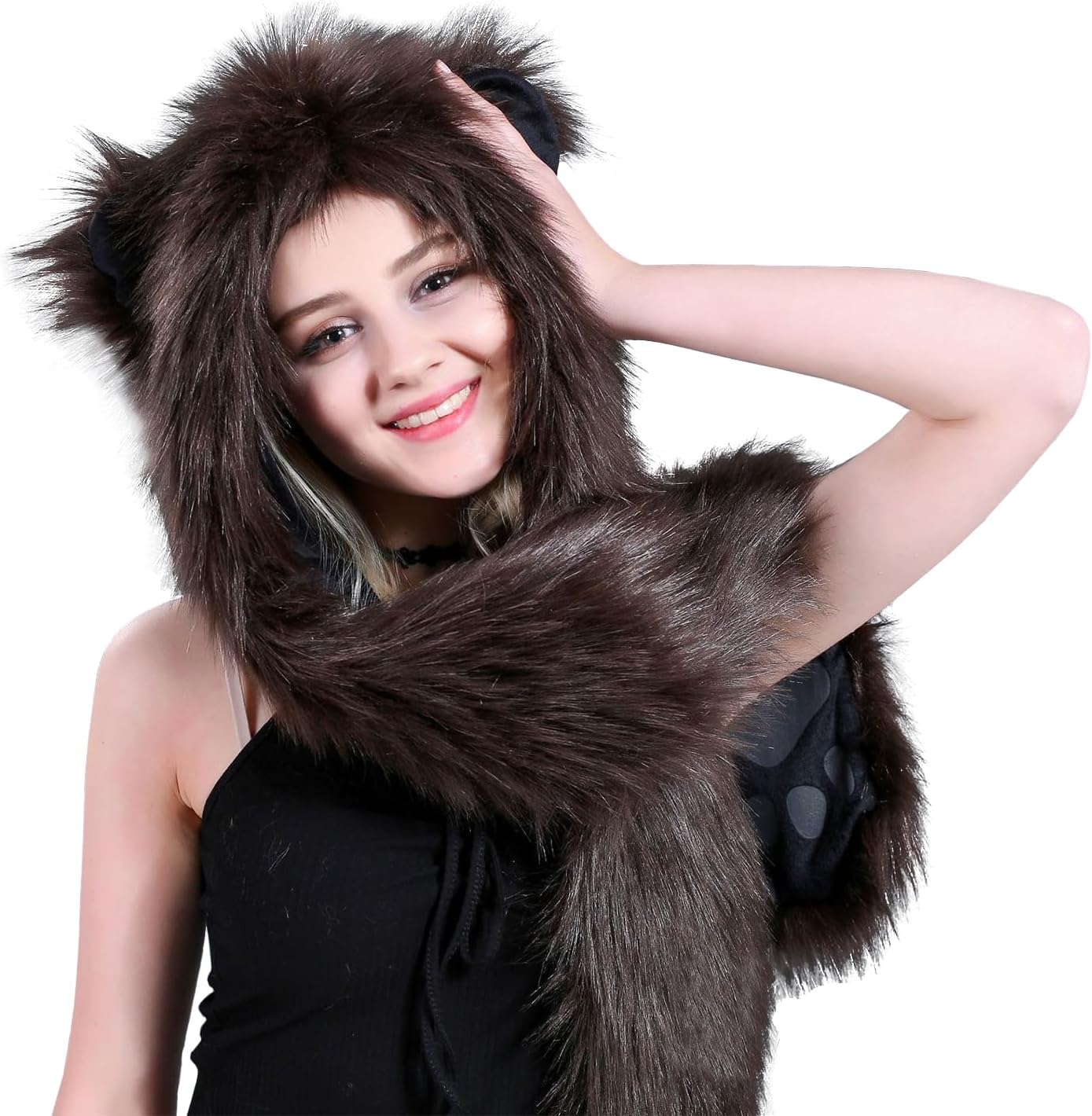 Winter Faux Fur Animal Hat Pocket Mittens Hooded Scarf Paw Gloves Plush Warm Hoodie Cap Halloween Cosplay Party Costume
