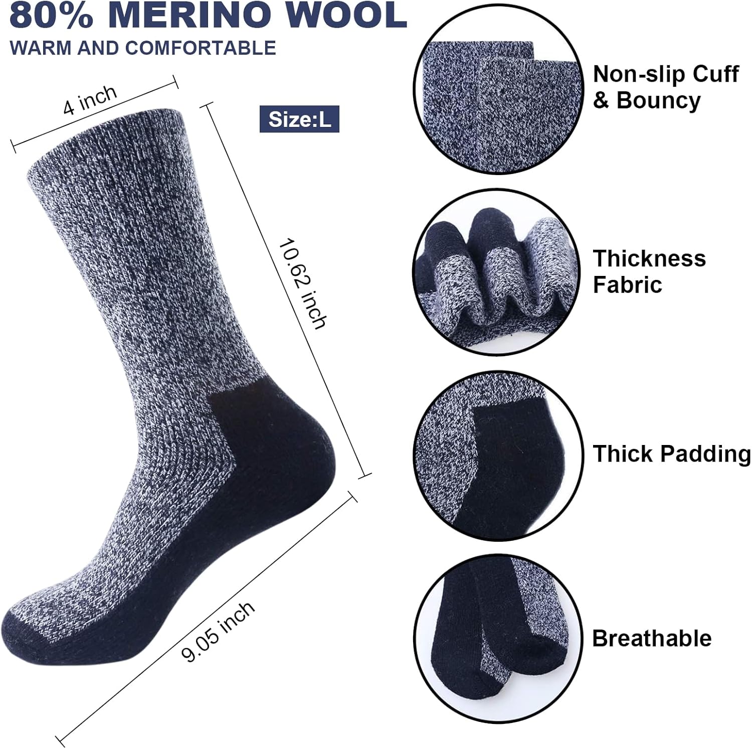 Loritta 2 Pack Merino Mens Wool Socks, Winter Warm Thermal Socks for Men Cold Weather - Image 4
