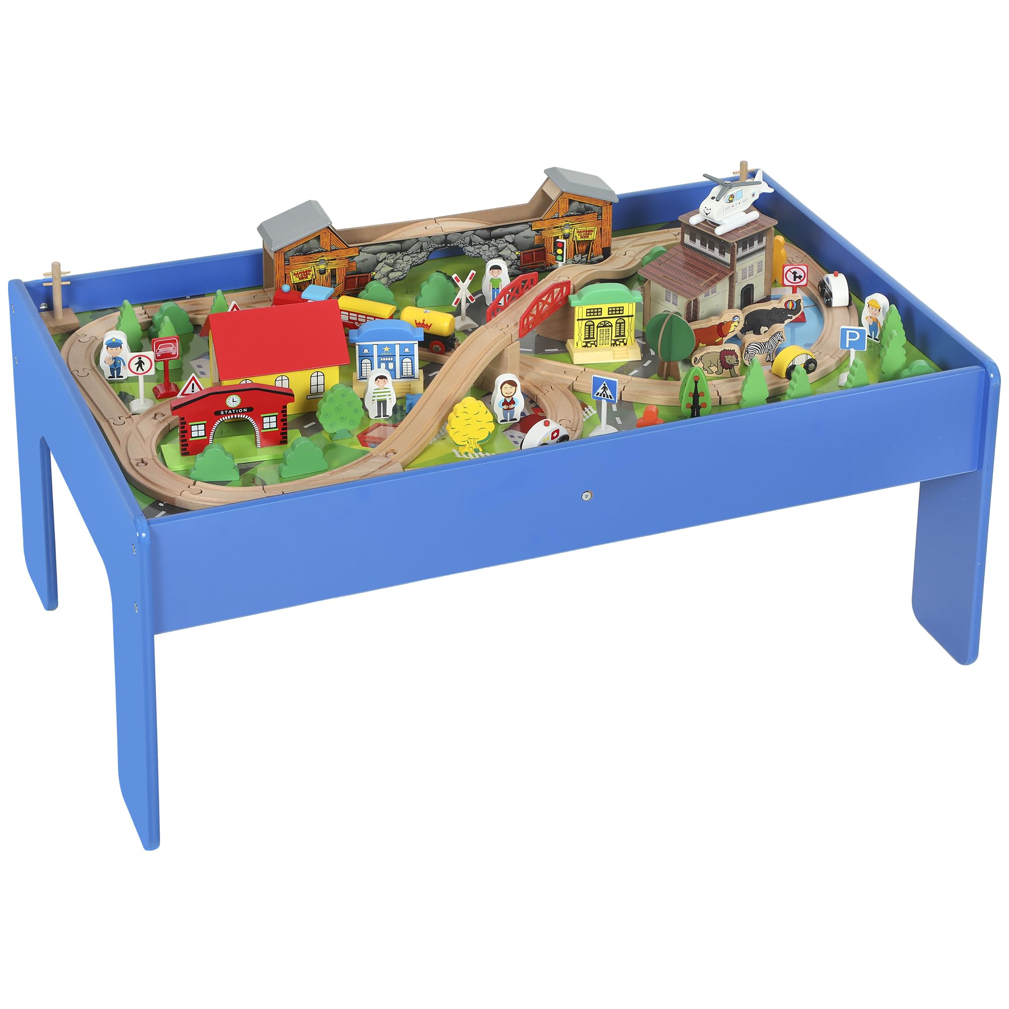 AIYAPLAY Spieltisch 108-teiliges Eisenbahn-Set für Kinder ab 3 Jahren Blau | Aus Holz, Holzeisenbahn mit Abnehmbarer Tischplatte, Eisenbahntisch