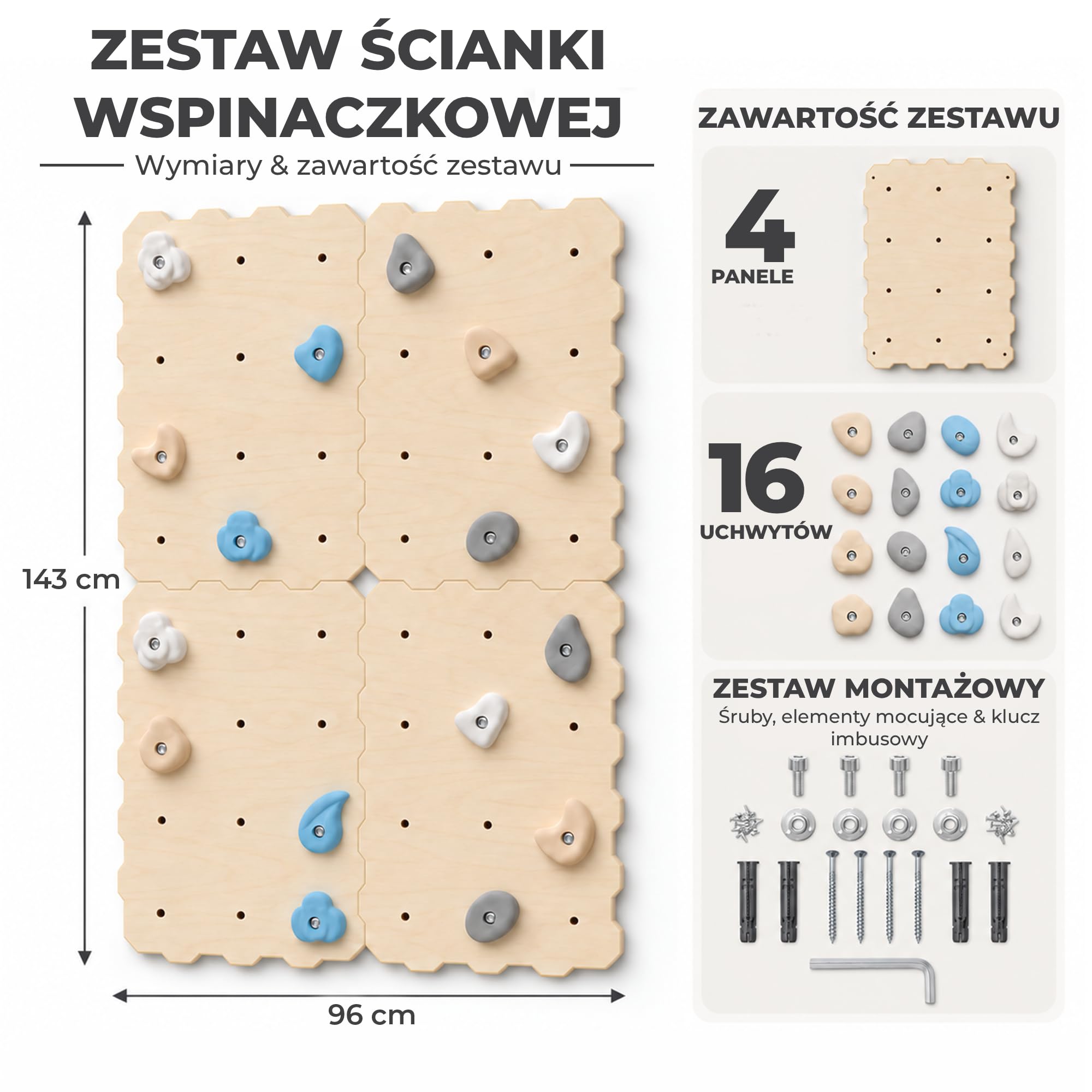 MAMOI Ścianka wspinaczkowa drewniana do wnętrz z 16 uchwytami, zestaw wspinaczkowy z panelami i uchwytami, płyta warstwowa, ściana domowa do montażu