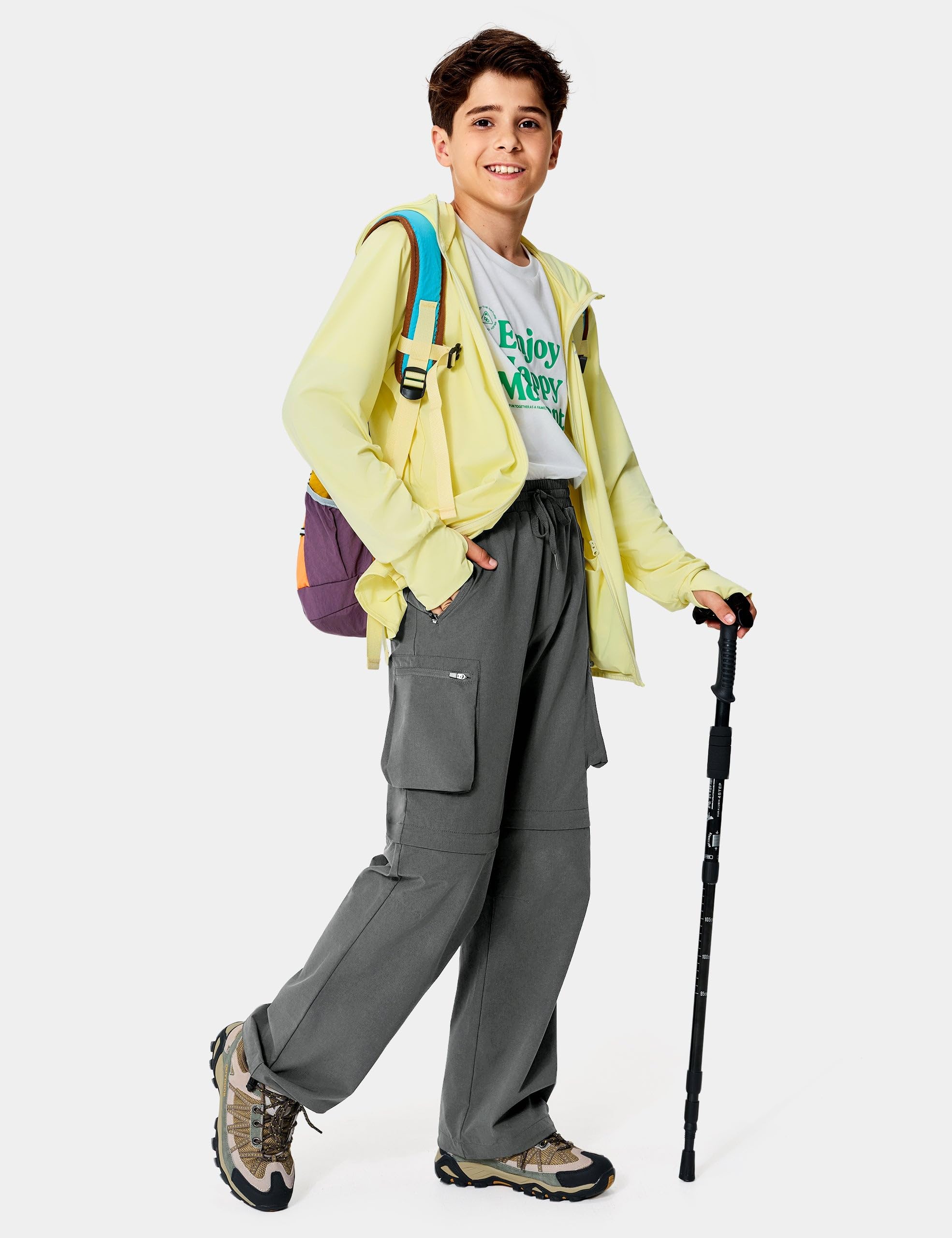 FitsT4 Sports Pantalones de senderismo para niños y jóvenes, 2 en 1, con cremallera, pantalones de senderismo, ligeros, elásticos, con bolsillo con cremallera