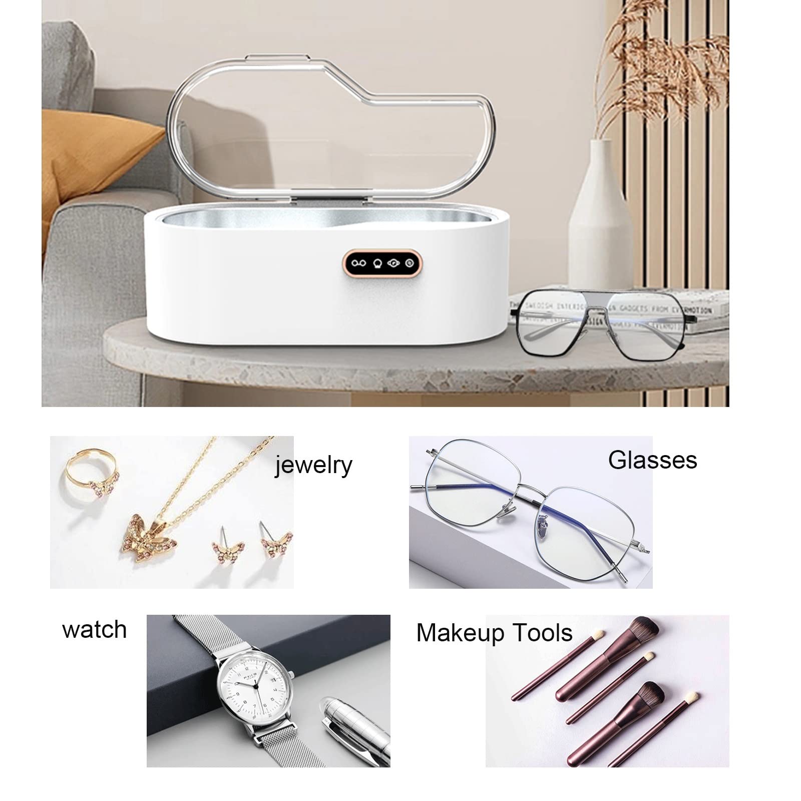 Limpiador ultrasónico Máquina de Limpieza de Gafas Limpiador automático, Limpiador de Joyas para el hogar de 450 ml para Diamantes de Plata y Oro, Tanque Interno de Acero inoxidabl